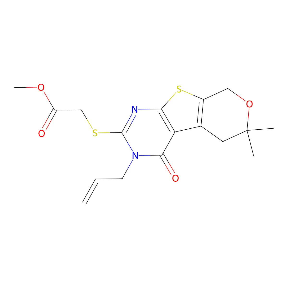 methyl 2-((3-allyl-6,6-dimethyl-4-oxo-4,5,6,8-tetrahydro-3H-pyrano[4',3':4,5]thieno[2,3-d]pyrimidin-2-yl)thio)acetate molecular structure, CAS 356587-38-7