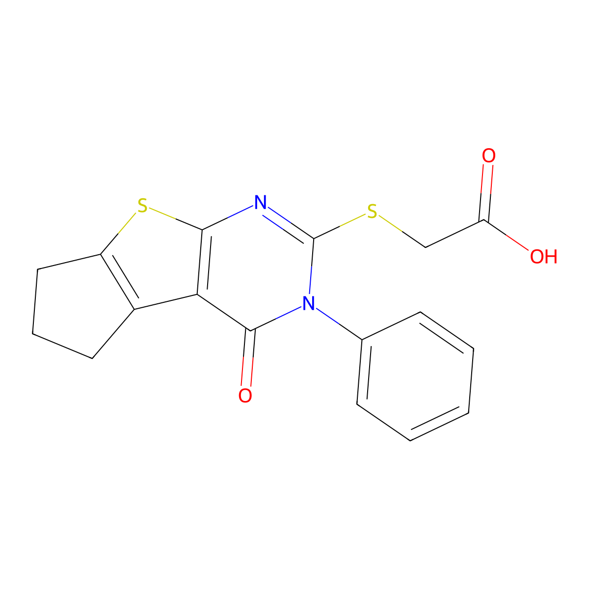 (4-Oxo-3-phenyl-3,5,6,7-tetrahydro-4H-cyclopenta[4,5]thieno[2,3-d]pyrimidin-2-ylsulfanyl)-acetic acid molecular structure, CAS 356587-42-3