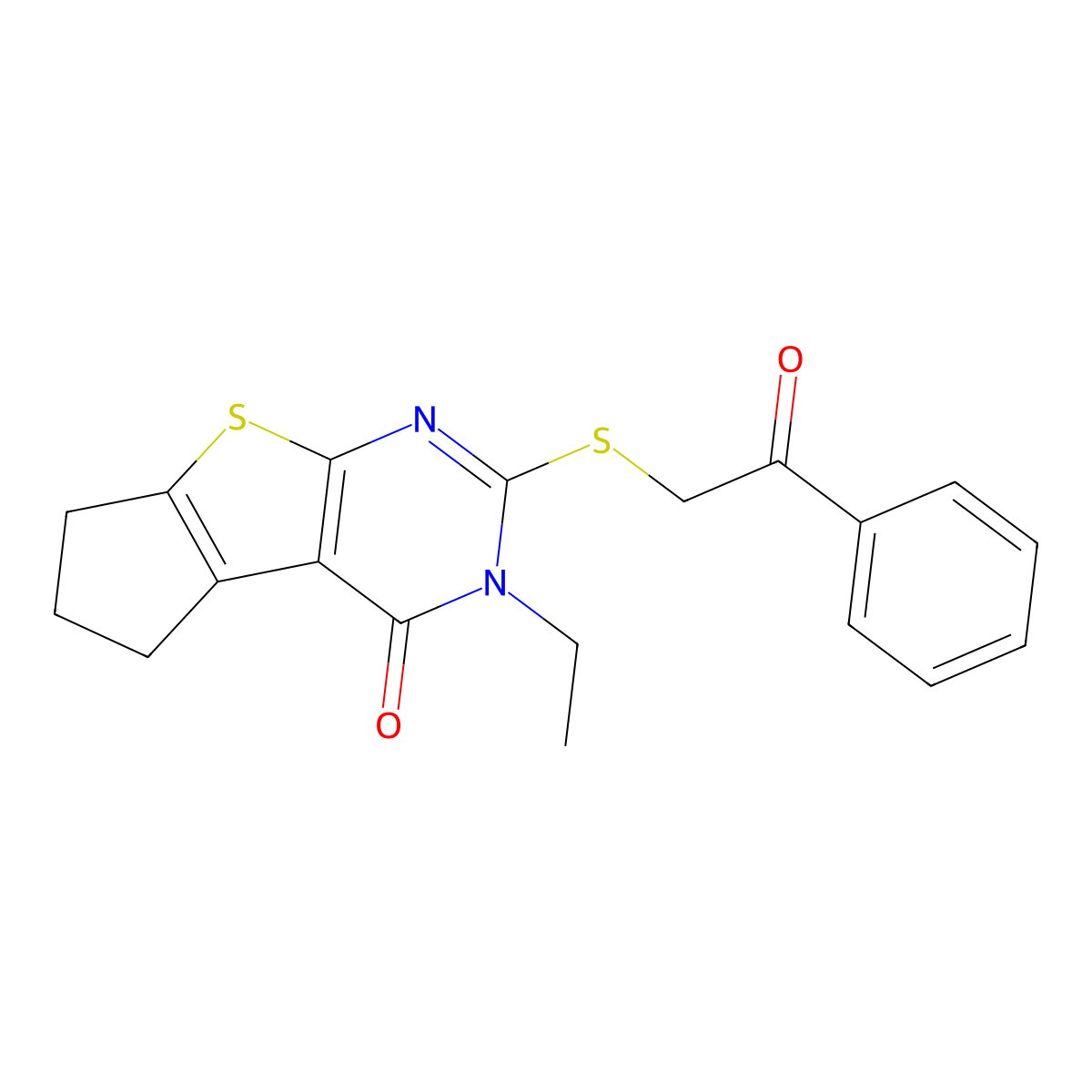 3-ethyl-2-[(2-oxo-2-phenylethyl)sulfanyl]-3,5,6,7-tetrahydro-4H-cyclopenta[4,5]thieno[2,3-d]pyrimidin-4-one molecular structure, CAS 356587-48-9