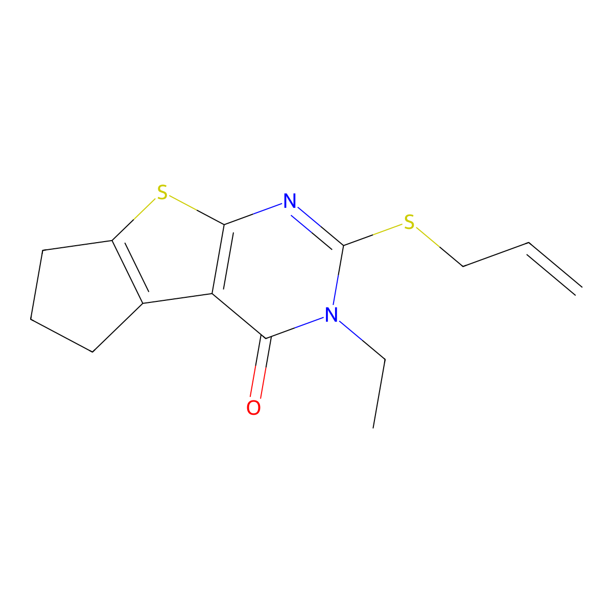 3-ethyl-2-(prop-2-en-1-ylsulfanyl)-3,5,6,7-tetrahydro-4H-cyclopenta[4,5]thieno[2,3-d]pyrimidin-4-one molecular structure, CAS 356587-50-3