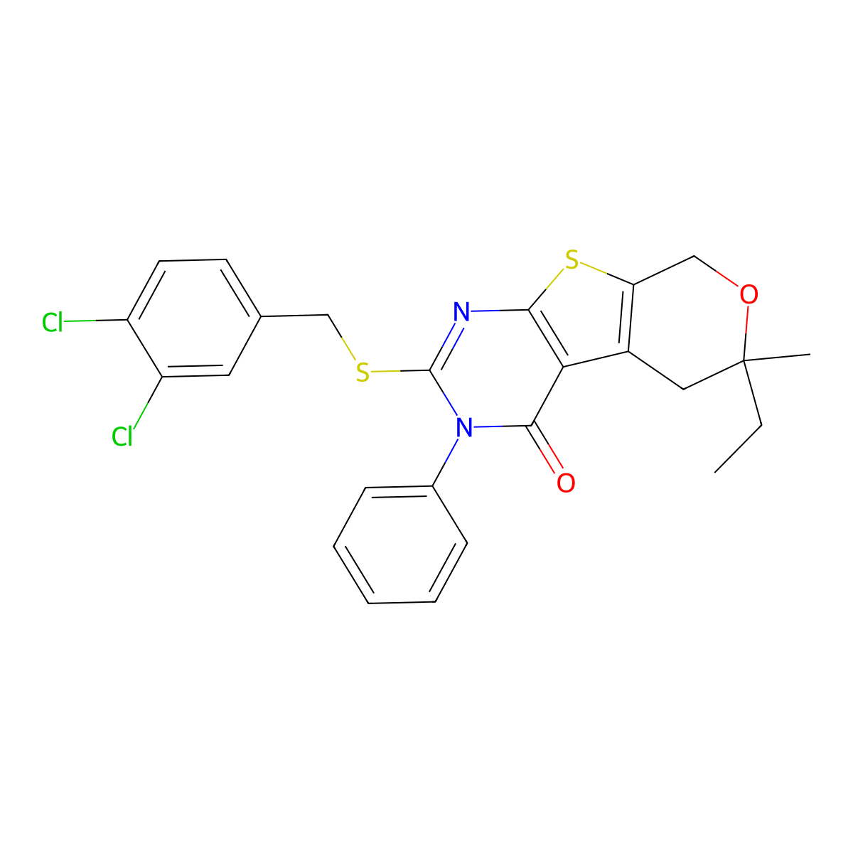 2-[(3,4-dichlorobenzyl)sulfanyl]-6-ethyl-6-methyl-3-phenyl-3,5,6,8-tetrahydro-4H-pyrano[4',3':4,5]thieno[2,3-d]pyrimidin-4-one molecular structure, CAS 356587-53-6