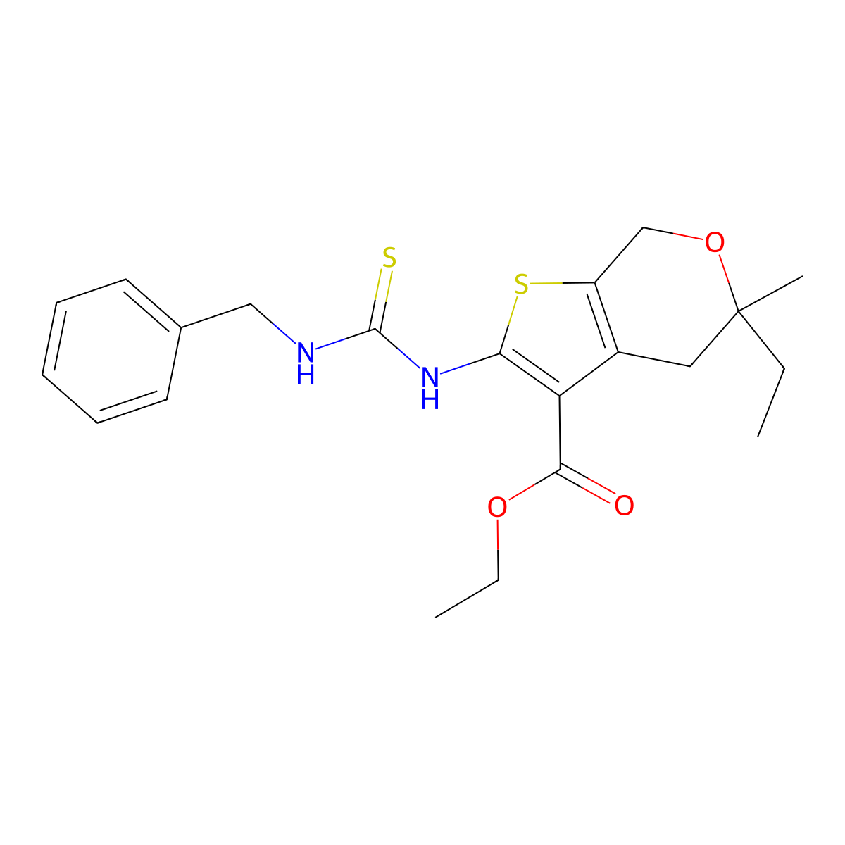 Ethyl 2-(benzylcarbamothioylamino)-5-ethyl-5-methyl-4,7-dihydrothieno[2,3-c]pyran-3-carboxylate molecular structure, CAS 356587-54-7