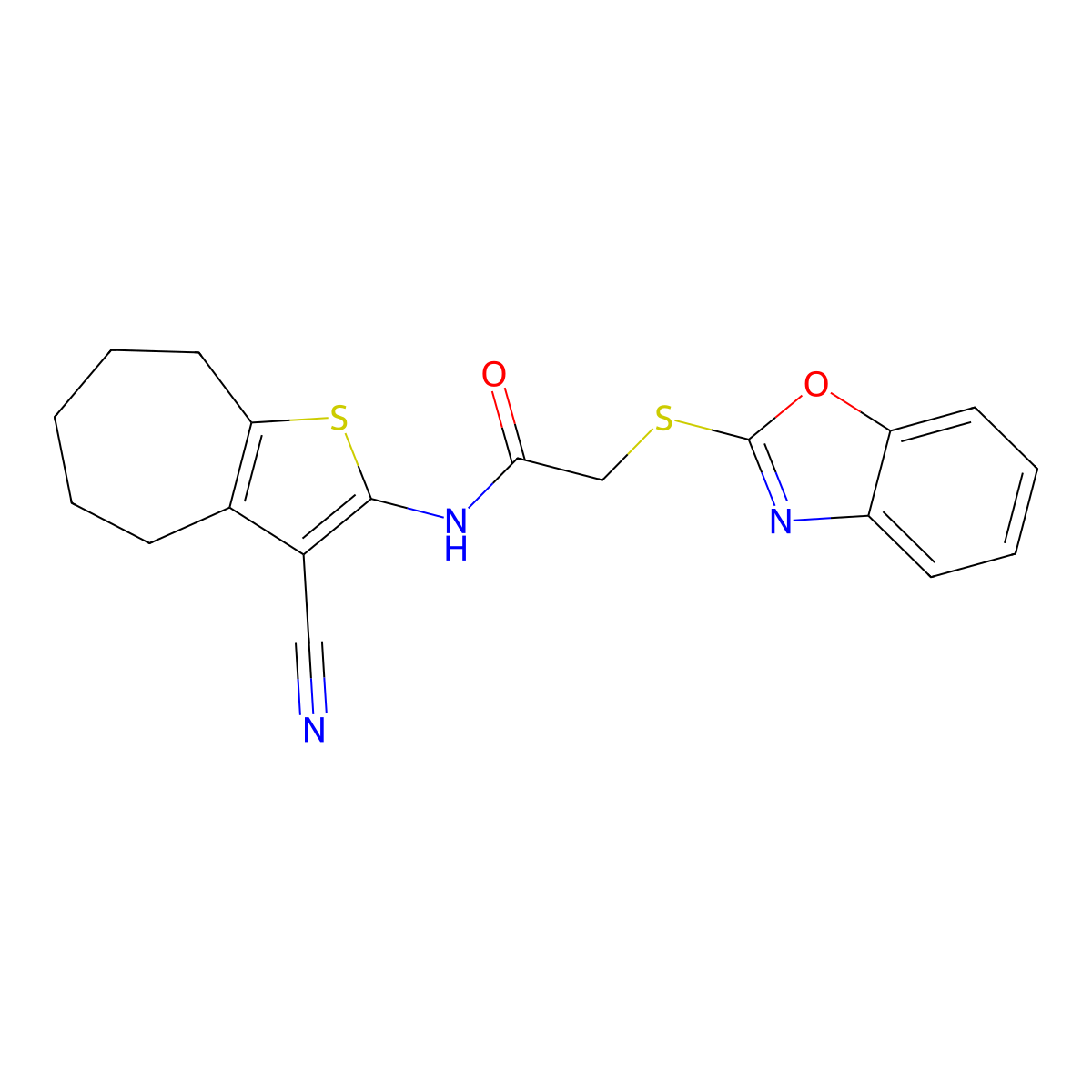 2-(1,3-benzoxazol-2-ylsulfanyl)-N-(3-cyano-5,6,7,8-tetrahydro-4H-cyclohepta[b]thiophen-2-yl)acetamide molecular structure, CAS 356589-83-8