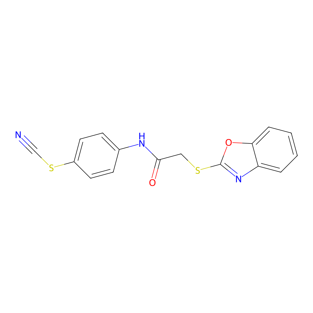 [4-[[2-(1,3-Benzoxazol-2-ylsulfanyl)acetyl]amino]phenyl] thiocyanate molecular structure, CAS 356775-79-6