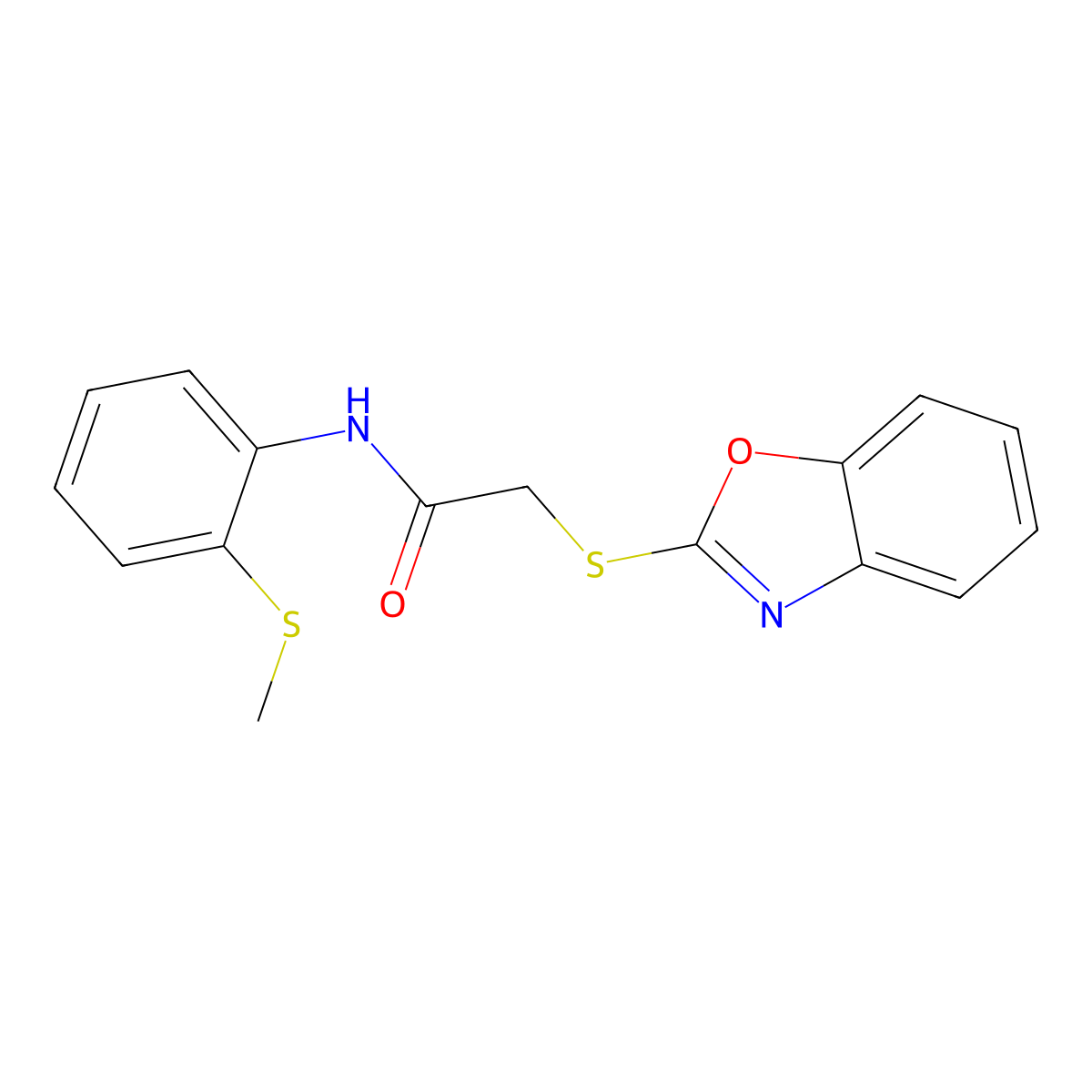 2-(benzo[d]oxazol-2-ylthio)-N-(2-(methylthio)phenyl)acetamide molecular structure, CAS 356775-95-6