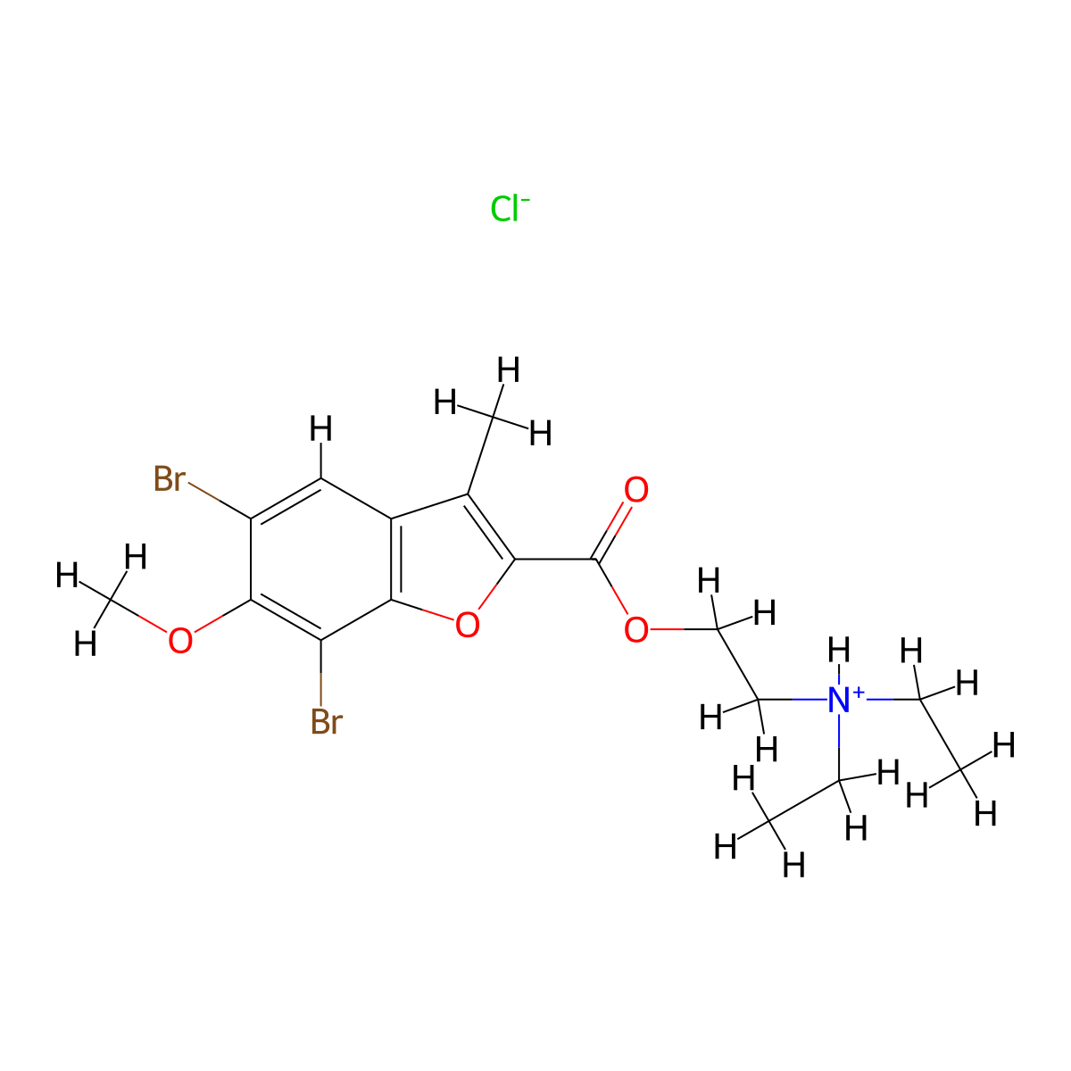 2-Benzofurancarboxylic acid, 5,7-dibromo-6-methoxy-3-methyl-, diethylaminoethyl ester, hydrochloride molecular structure, CAS 35689-39-5