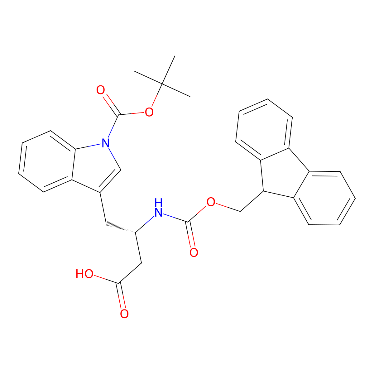 (S)-3-((((9H-Fluoren-9-yl)methoxy)carbonyl)amino)-4-(1-(tert-butoxycarbonyl)-1H-indol-3-yl)butanoic acid molecular structure, CAS 357271-55-7