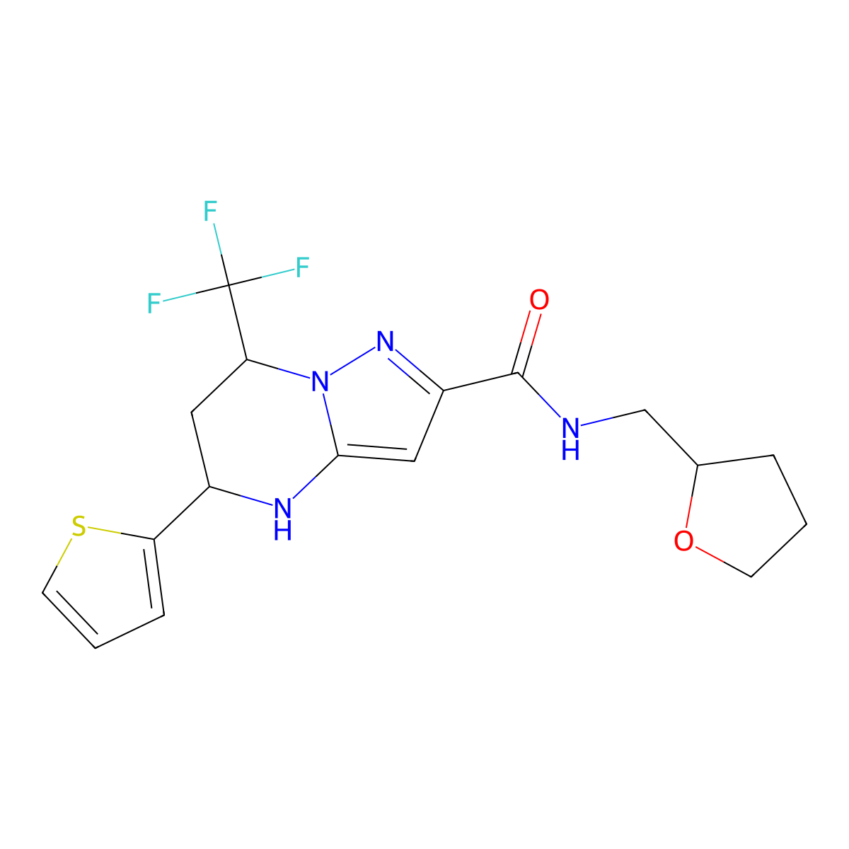 N-((tetrahydrofuran-2-yl)methyl)-5-(thiophen-2-yl)-7-(trifluoromethyl)-4,5,6,7-tetrahydropyrazolo[1,5-a]pyrimidine-2-carboxamide molecular structure, CAS 357293-28-8