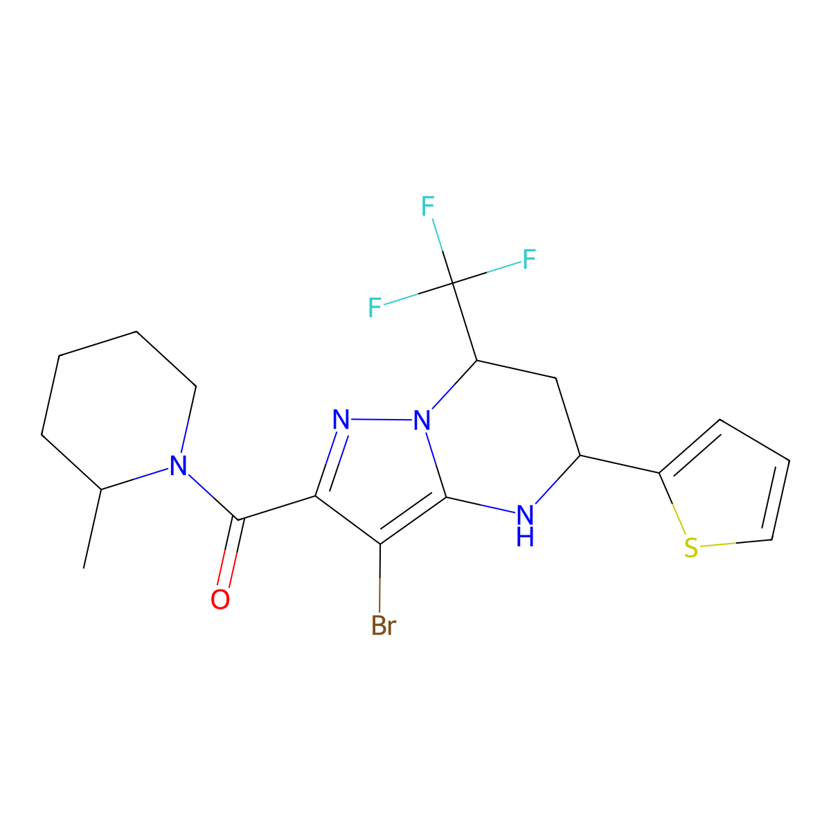 (3-Bromo-5-(thiophen-2-yl)-7-(trifluoromethyl)-4,5,6,7-tetrahydropyrazolo[1,5-a]pyrimidin-2-yl)(2-methylpiperidin-1-yl)methanone molecular structure, CAS 357293-35-7