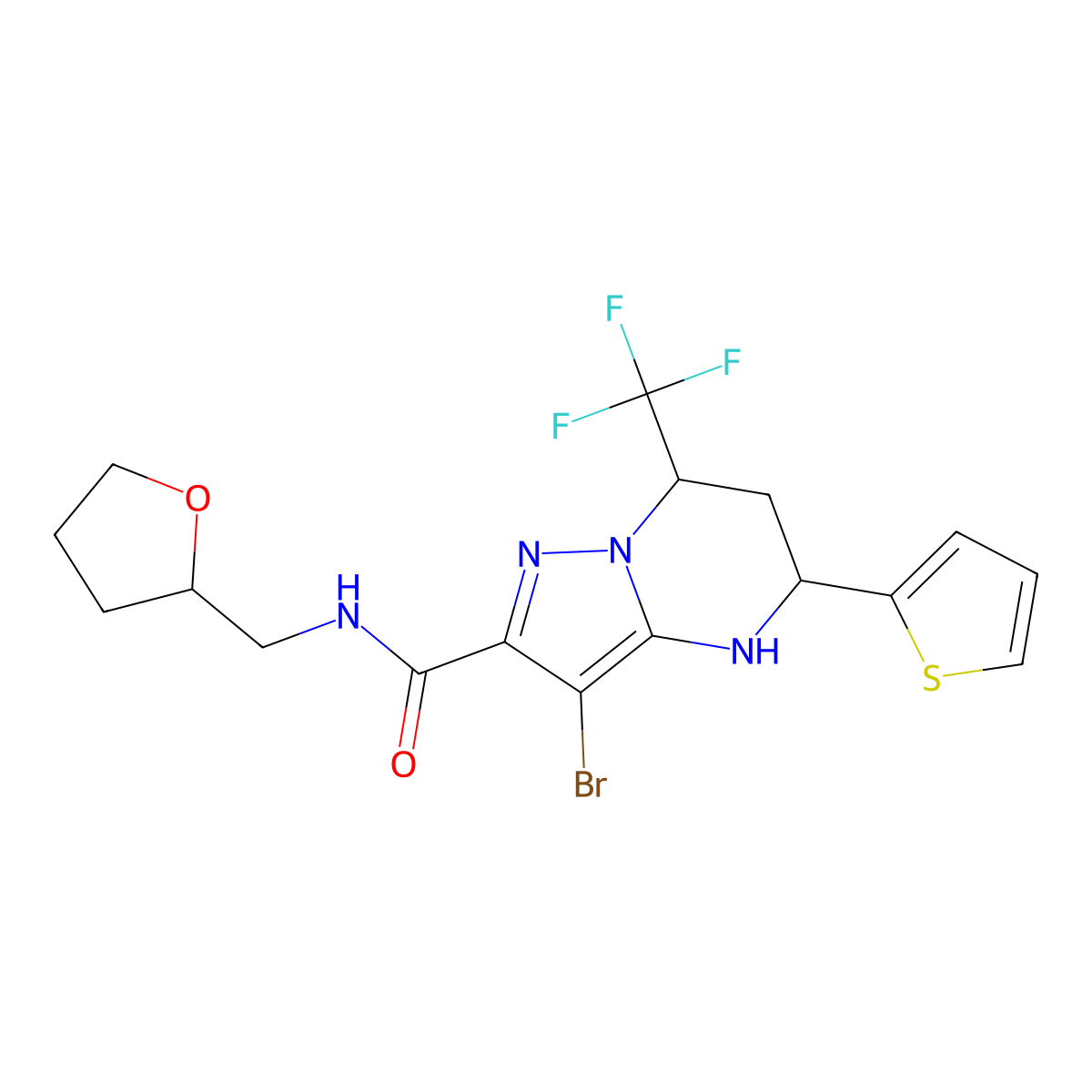 3-bromo-N-(tetrahydrofuran-2-ylmethyl)-5-(thiophen-2-yl)-7-(trifluoromethyl)-4,5,6,7-tetrahydropyrazolo[1,5-a]pyrimidine-2-carboxamide molecular structure, CAS 357293-36-8