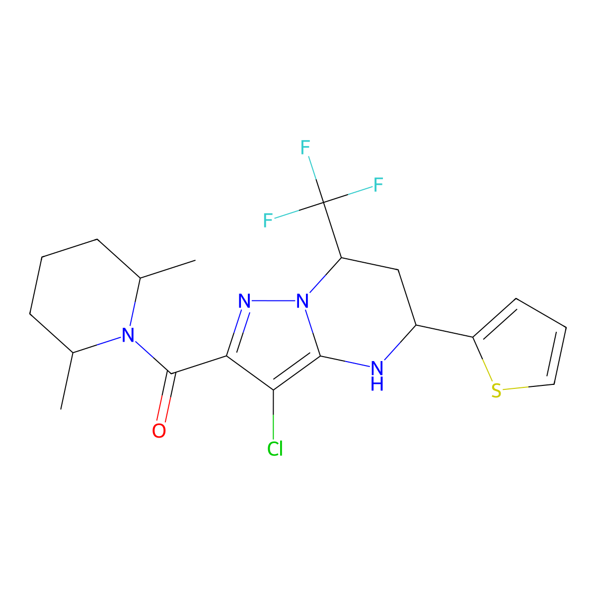 (3-Chloro-5-(thiophen-2-yl)-7-(trifluoromethyl)-4,5,6,7-tetrahydropyrazolo[1,5-a]pyrimidin-2-yl)(2,6-dimethylpiperidin-1-yl)methanone molecular structure, CAS 357293-39-1
