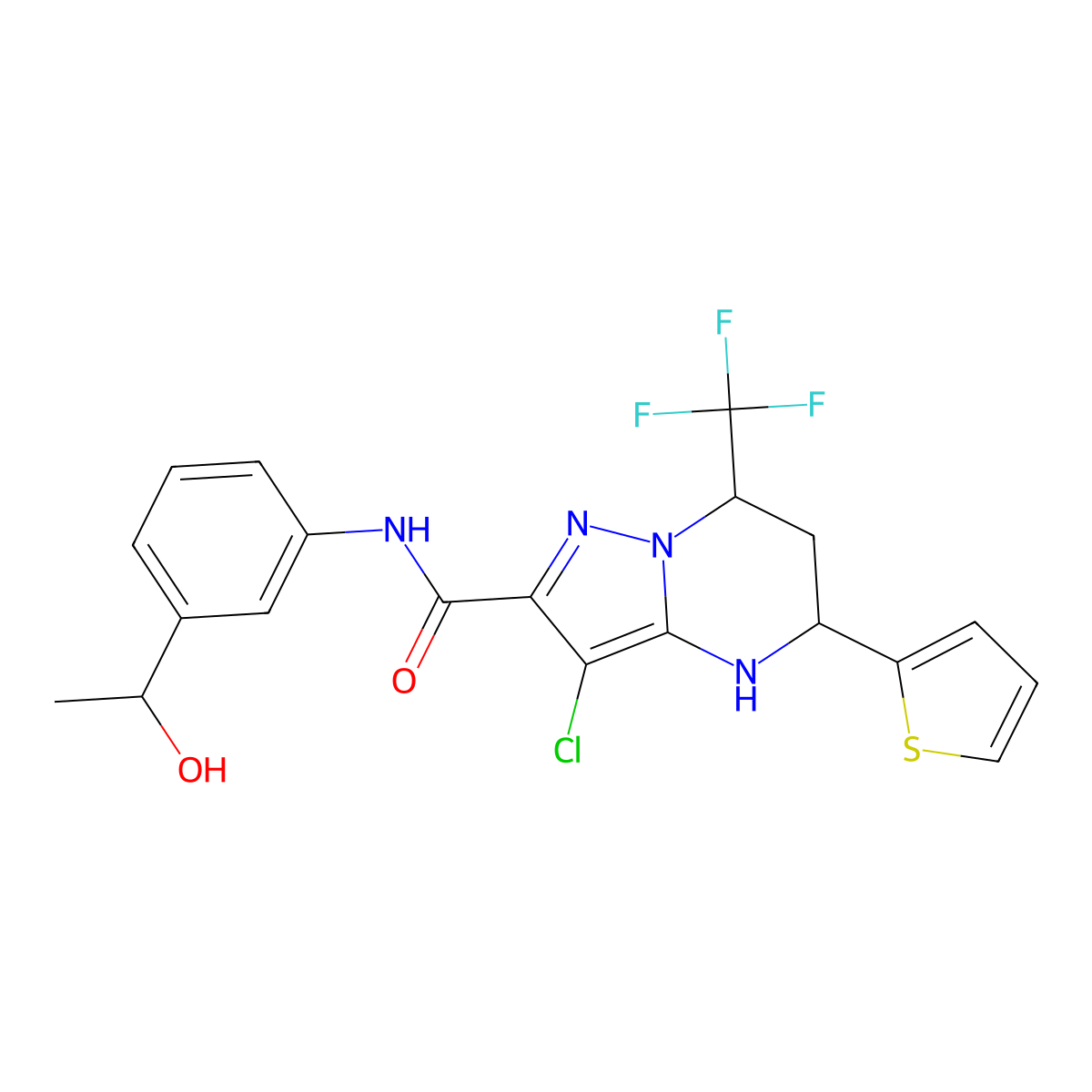 3-chloro-N-[3-(1-hydroxyethyl)phenyl]-5-(thiophen-2-yl)-7-(trifluoromethyl)-4,5,6,7-tetrahydropyrazolo[1,5-a]pyrimidine-2-carboxamide molecular structure, CAS 357293-41-5
