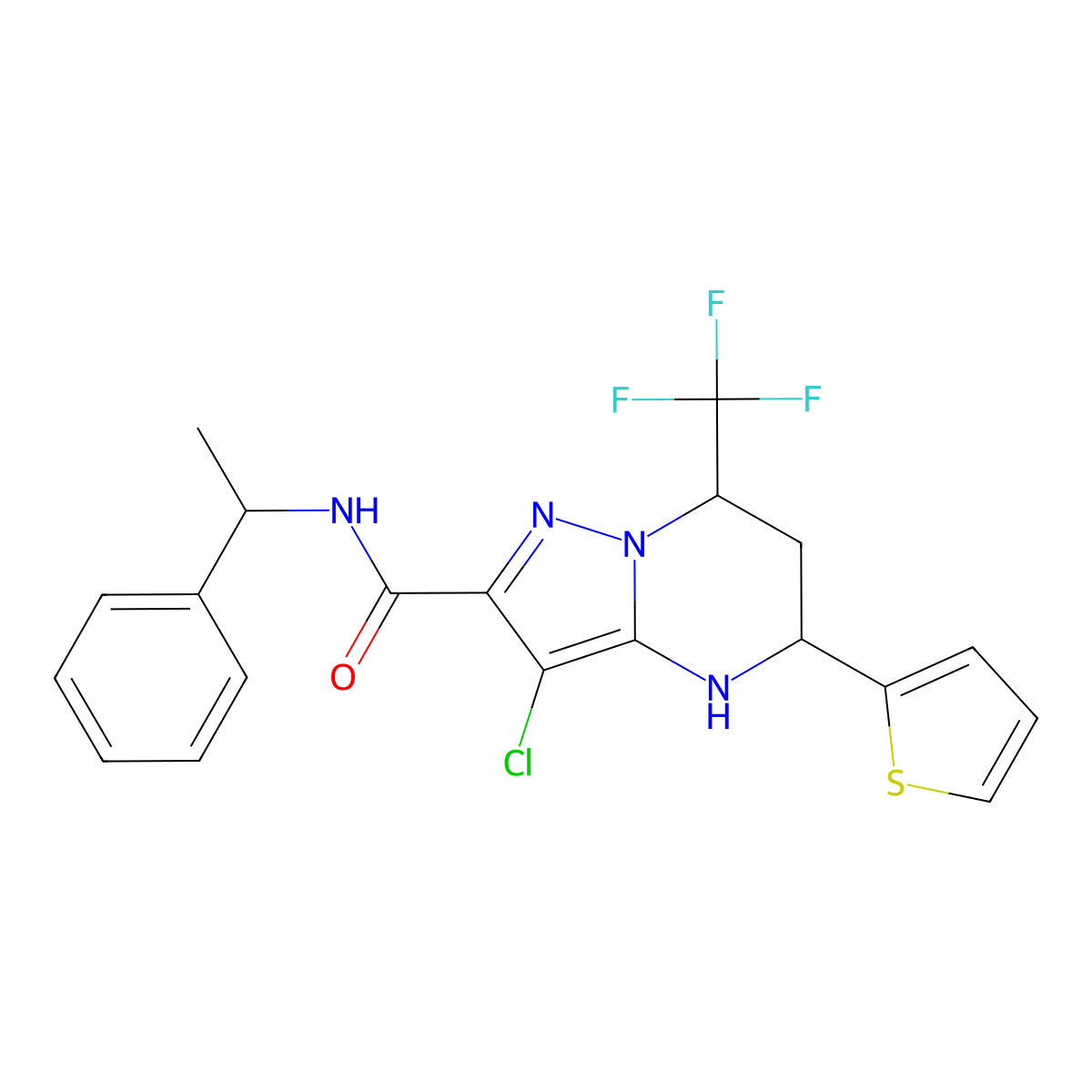 3-chloro-N-(1-phenylethyl)-5-(2-thienyl)-7-(trifluoromethyl)-4,5,6,7-tetrahydropyrazolo[1,5-a]pyrimidine-2-carboxamide molecular structure, CAS 357293-43-7