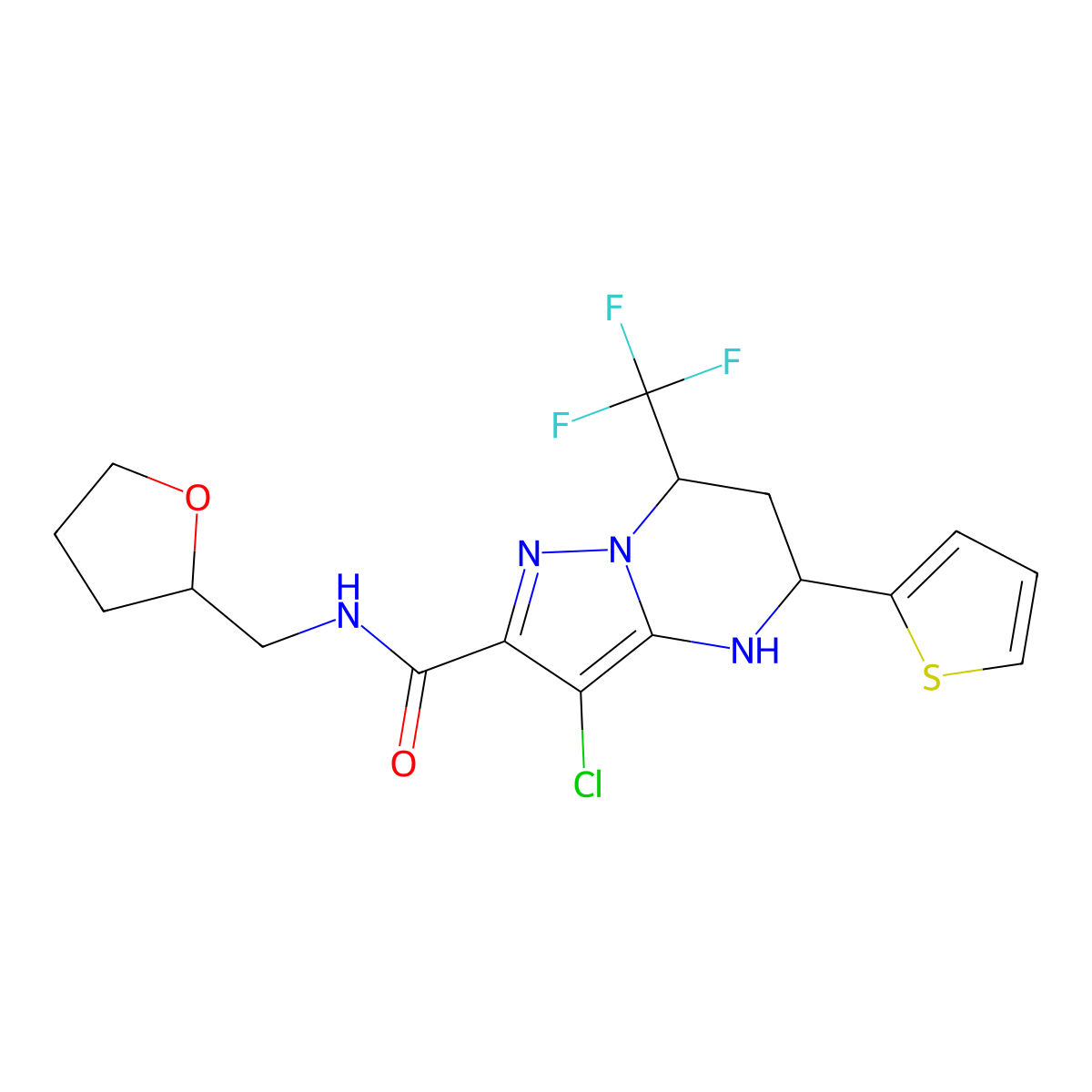 3-chloro-N-((tetrahydrofuran-2-yl)methyl)-5-(thiophen-2-yl)-7-(trifluoromethyl)-4,5,6,7-tetrahydropyrazolo[1,5-a]pyrimidine-2-carboxamide molecular structure, CAS 357293-44-8