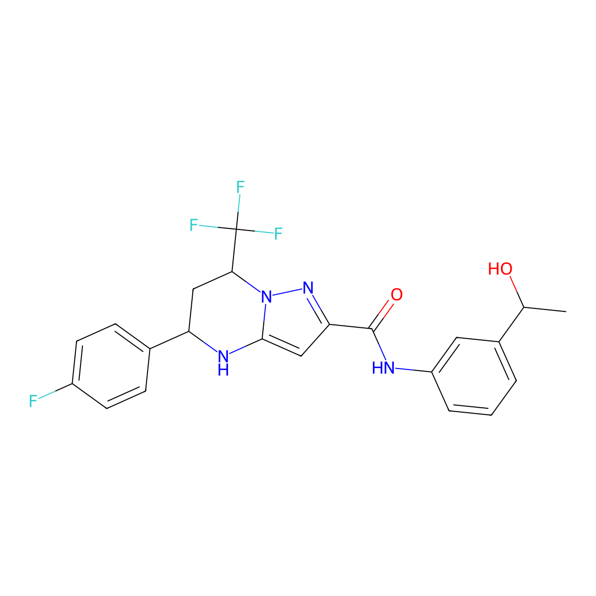 5-(4-fluorophenyl)-N-[3-(1-hydroxyethyl)phenyl]-7-(trifluoromethyl)-4,5,6,7-tetrahydropyrazolo[1,5-a]pyrimidine-2-carboxamide molecular structure, CAS 357293-47-1