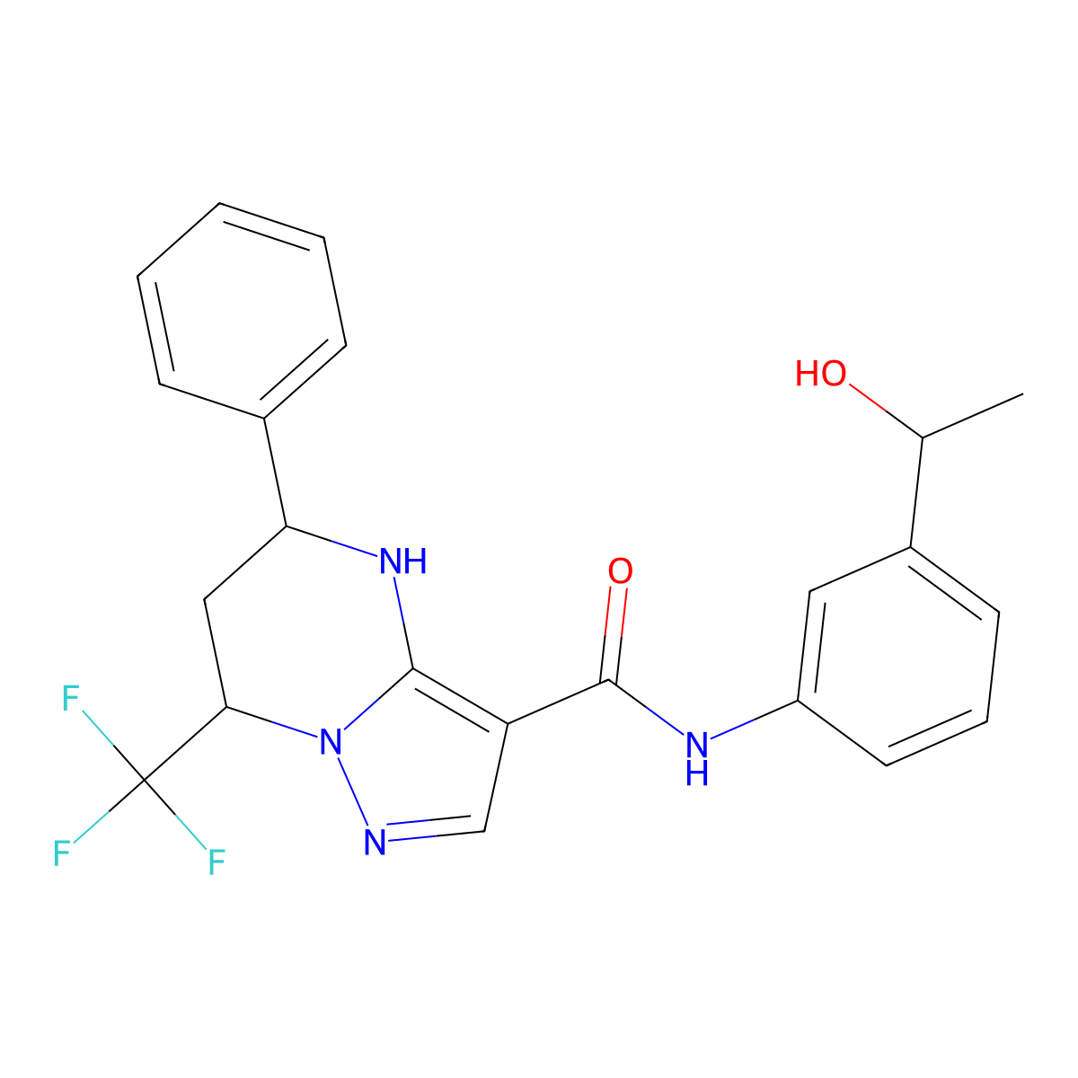 N-[3-(1-hydroxyethyl)phenyl]-5-phenyl-7-(trifluoromethyl)-4,5,6,7-tetrahydropyrazolo[1,5-a]pyrimidine-3-carboxamide molecular structure, CAS 357293-48-2