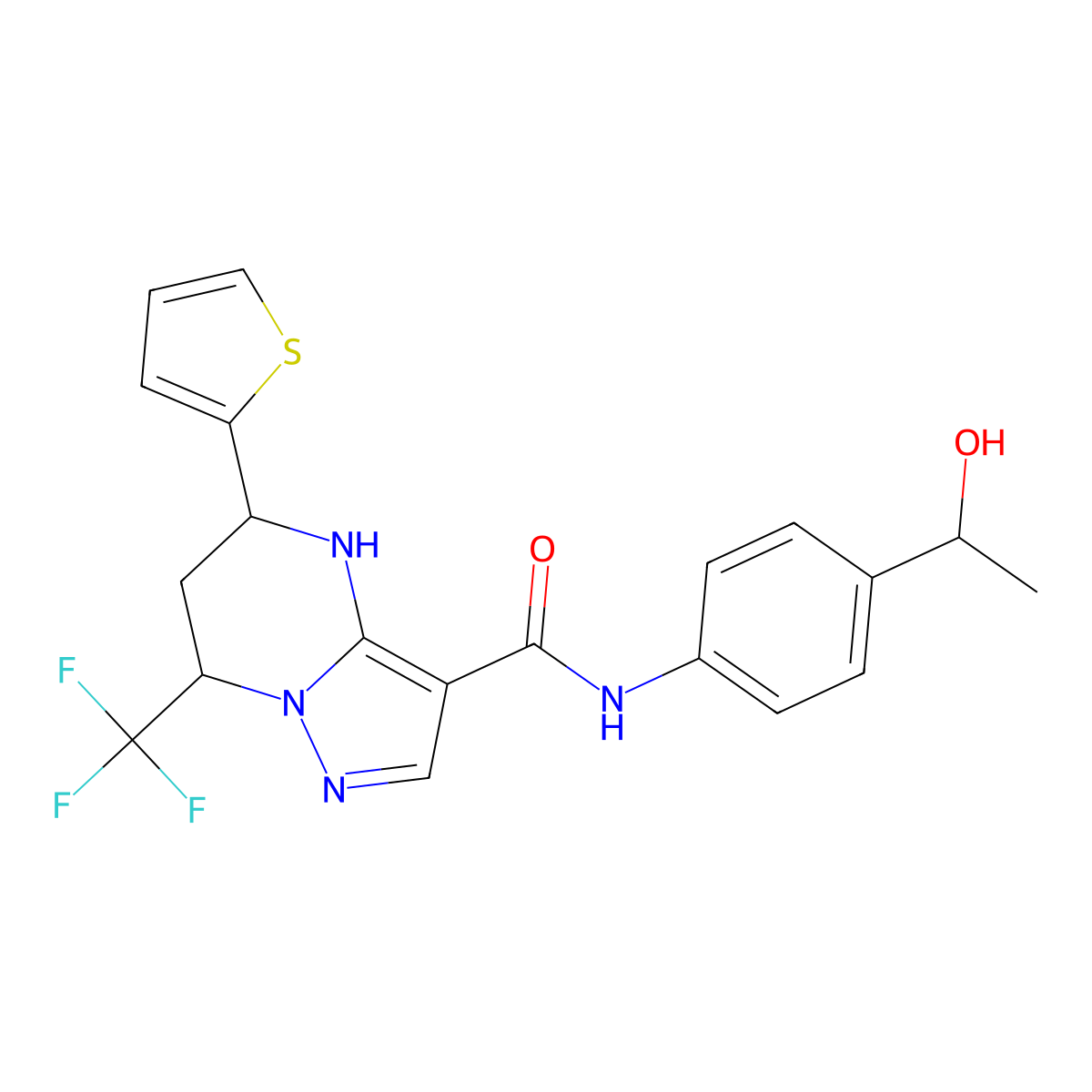 N-[4-(1-hydroxyethyl)phenyl]-5-(2-thienyl)-7-(trifluoromethyl)-4,5,6,7-tetrahydropyrazolo[1,5-a]pyrimidine-3-carboxamide molecular structure, CAS 357293-56-2