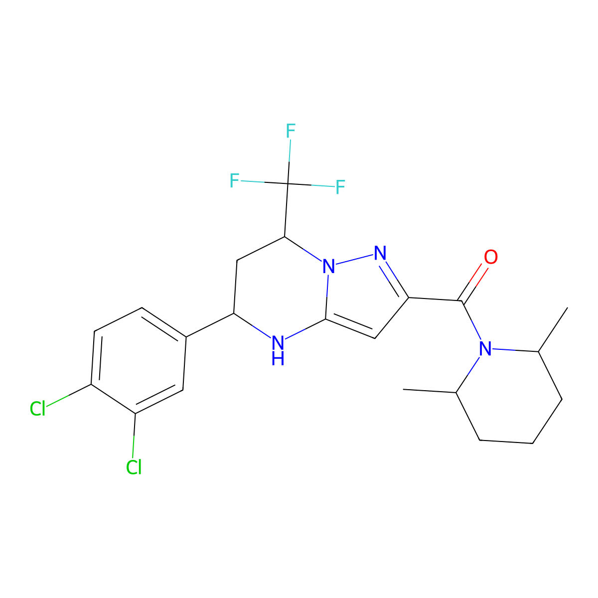 (5-(3,4-Dichlorophenyl)-7-(trifluoromethyl)-4,5,6,7-tetrahydropyrazolo[1,5-a]pyrimidin-2-yl)(2,6-dimethylpiperidin-1-yl)methanone molecular structure, CAS 357338-73-9