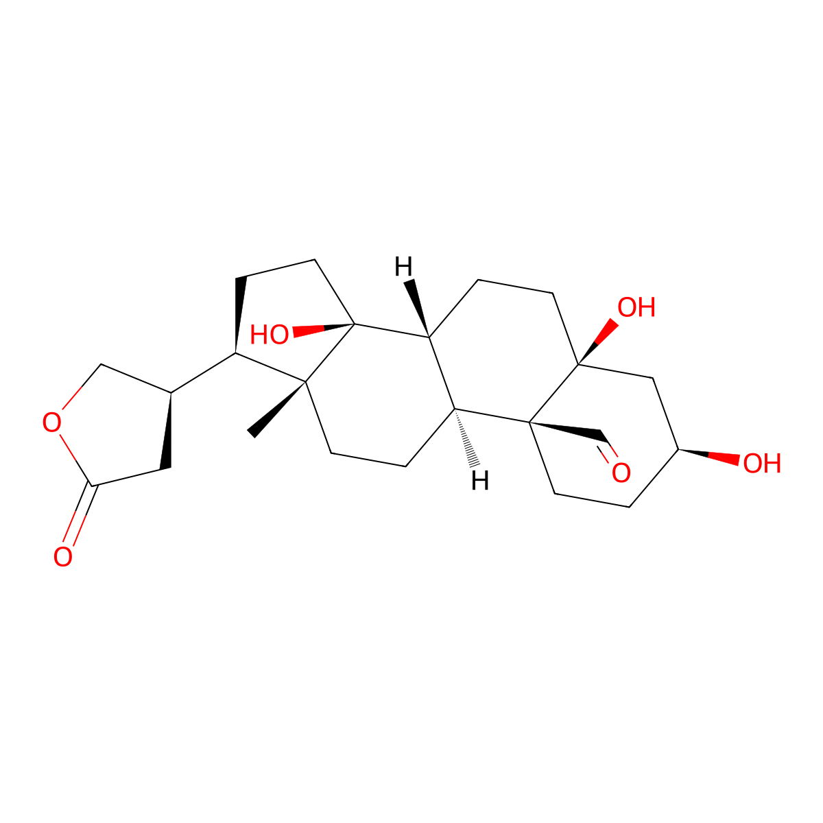 (3S,5S,8R,9S,10S,13R,14S,17R)-3,5,14-trihydroxy-13-methyl-17-[(3R)-5-oxooxolan-3-yl]-2,3,4,6,7,8,9,11,12,15,16,17-dodecahydro-1H-cyclopenta[a]phenanthrene-10-carbaldehyde molecular structure, CAS 35753-32-3
