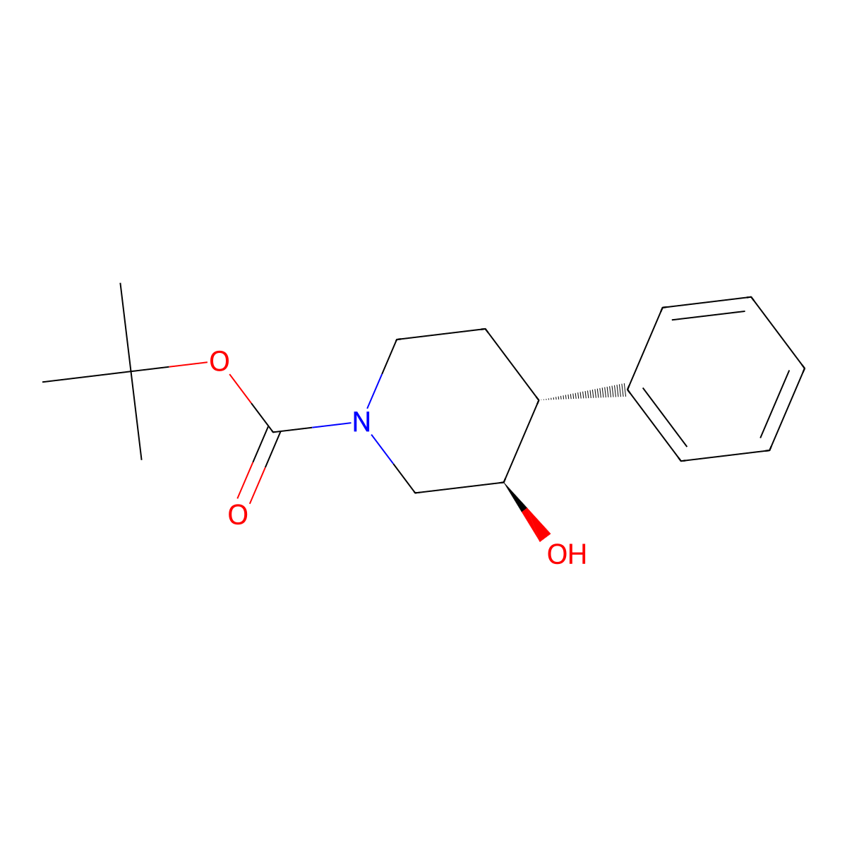 rac-tert-butyl (3R,4R)-3-hydroxy-4-phenylpiperidine-1-carboxylate, trans molecular structure, CAS 357608-32-3