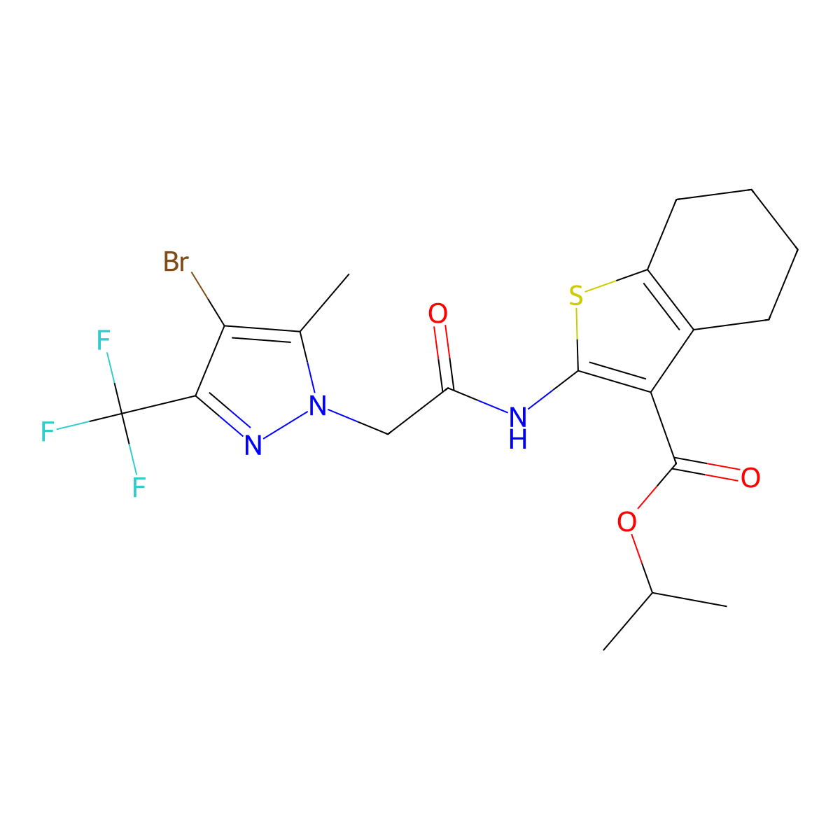 isopropyl 2-({[4-bromo-5-methyl-3-(trifluoromethyl)-1H-pyrazol-1-yl]acetyl}amino)-4,5,6,7-tetrahydro-1-benzothiophene-3-carboxylate molecular structure, CAS 357611-56-4