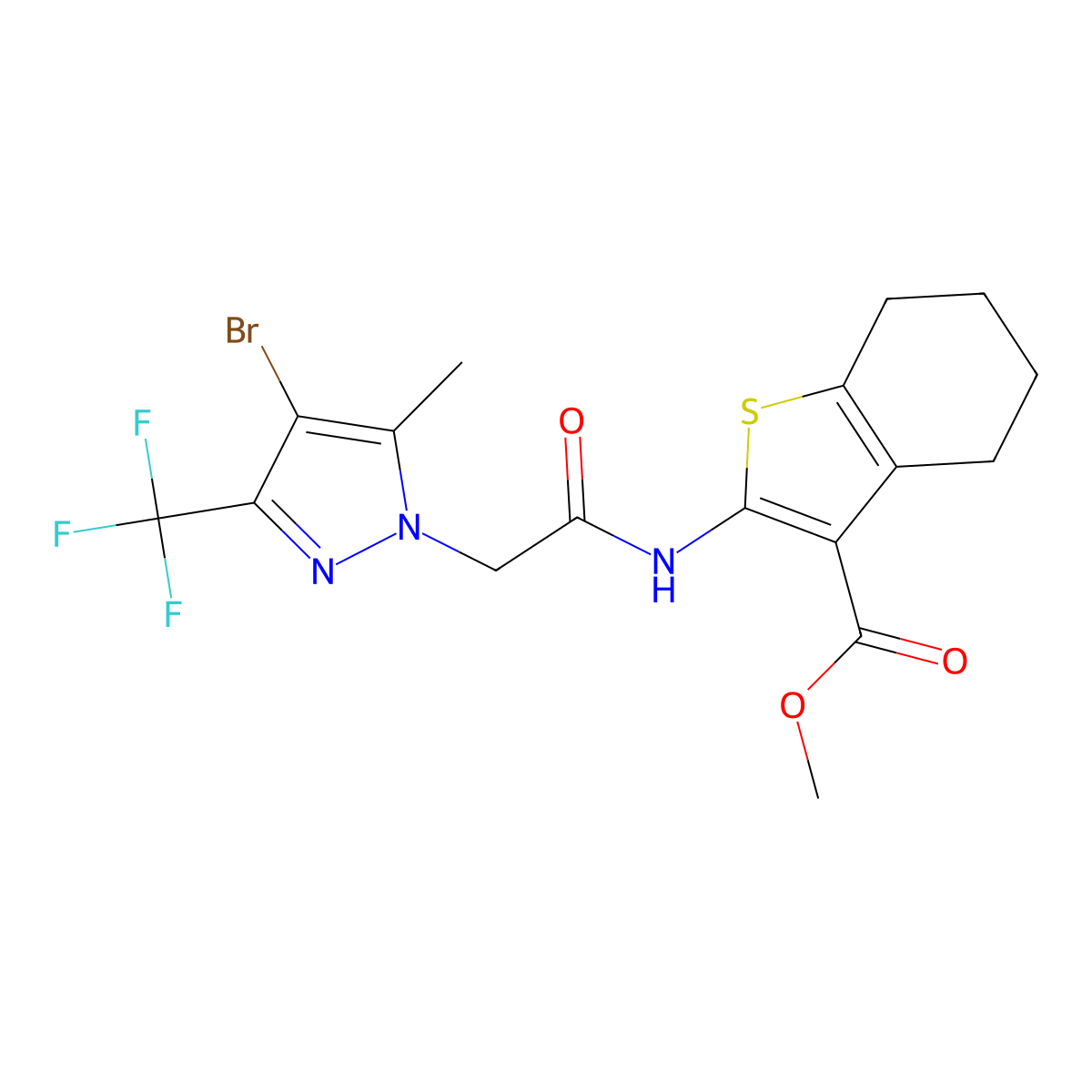 methyl 2-({[4-bromo-5-methyl-3-(trifluoromethyl)-1H-pyrazol-1-yl]acetyl}amino)-4,5,6,7-tetrahydro-1-benzothiophene-3-carboxylate molecular structure, CAS 357611-59-7