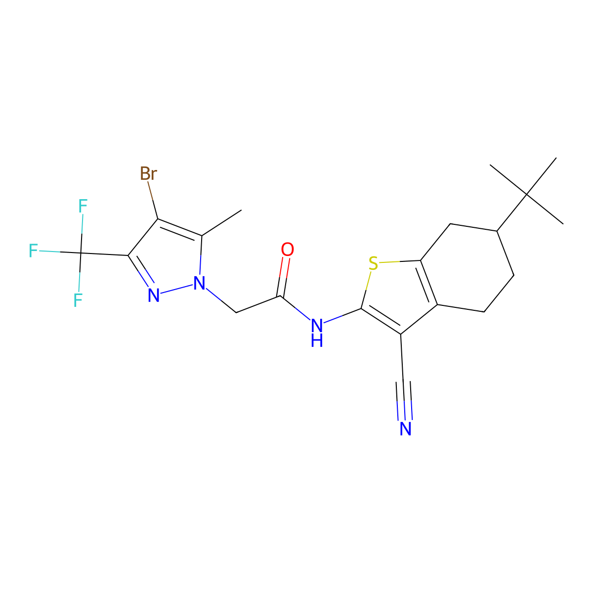 2-[4-bromo-5-methyl-3-(trifluoromethyl)pyrazol-1-yl]-N-(6-tert-butyl-3-cyano-4,5,6,7-tetrahydro-1-benzothiophen-2-yl)acetamide molecular structure, CAS 357611-61-1