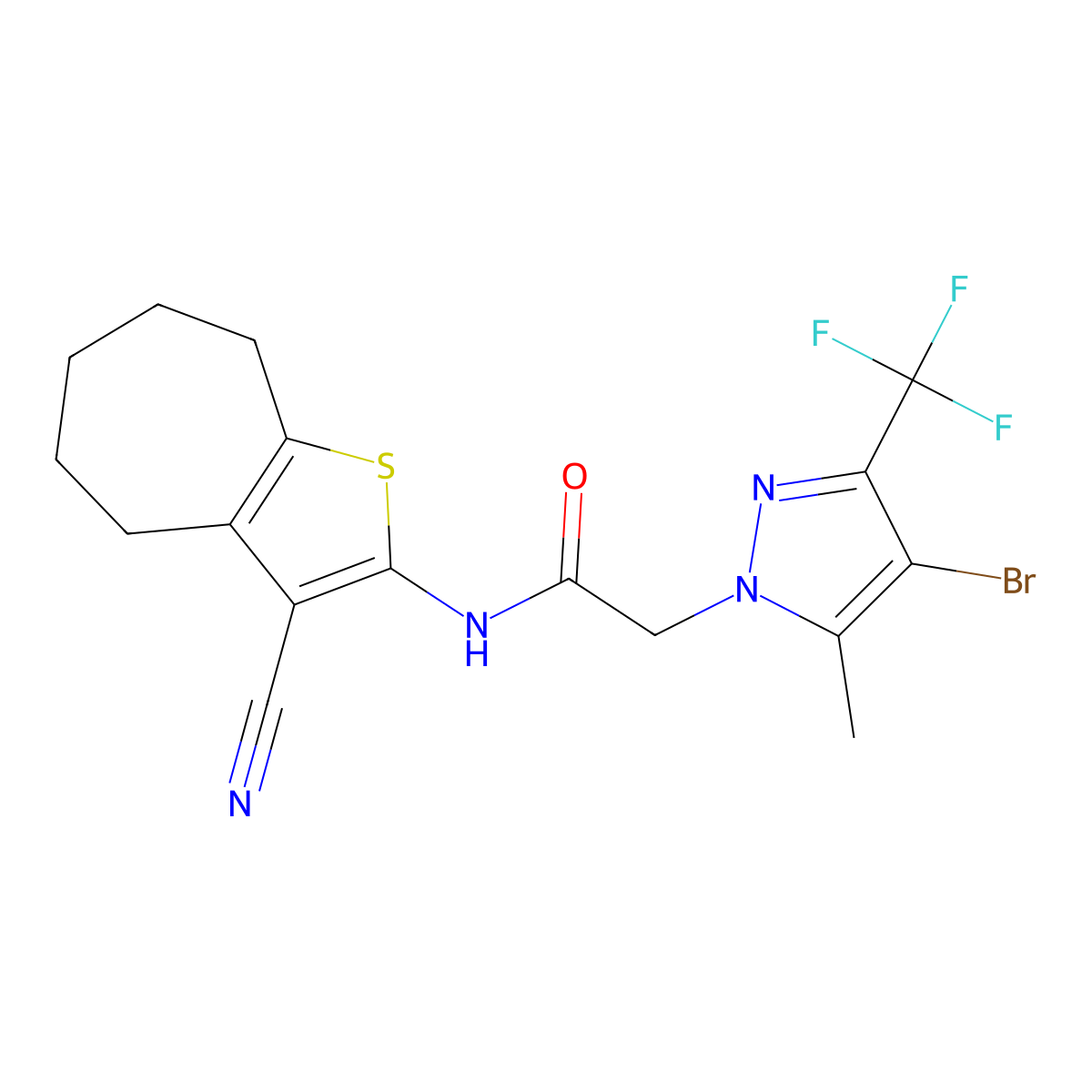 2-[4-bromo-5-methyl-3-(trifluoromethyl)pyrazol-1-yl]-N-(3-cyano-5,6,7,8-tetrahydro-4H-cyclohepta[b]thiophen-2-yl)acetamide molecular structure, CAS 357611-62-2