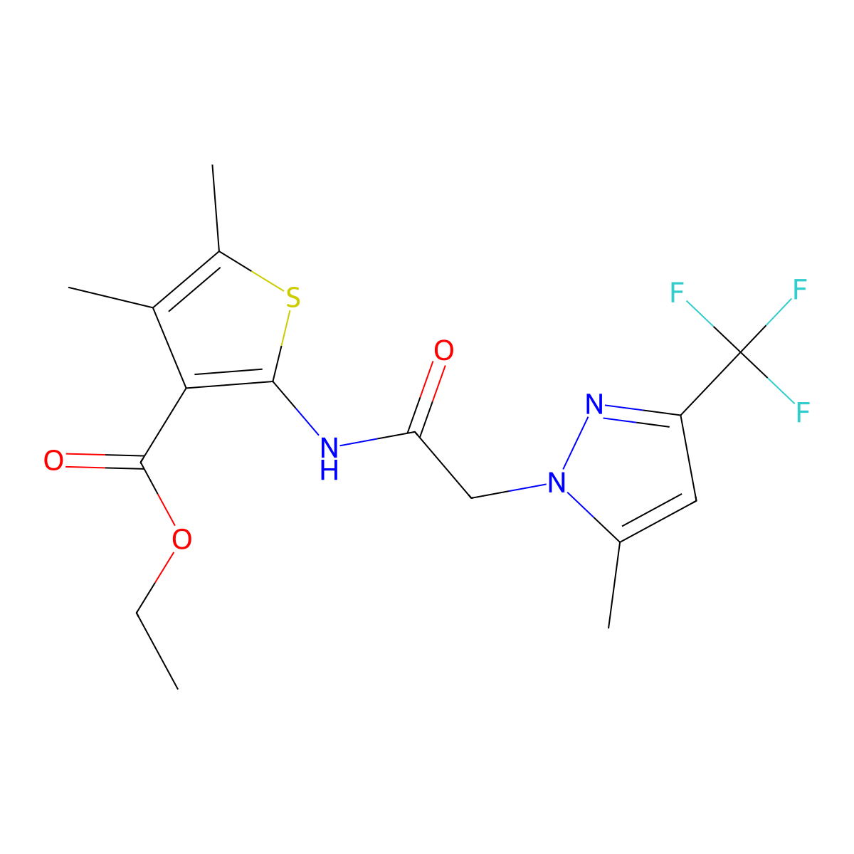 Ethyl 4,5-dimethyl-2-[[2-[5-methyl-3-(trifluoromethyl)pyrazol-1-yl]acetyl]amino]thiophene-3-carboxylate molecular structure, CAS 357611-69-9