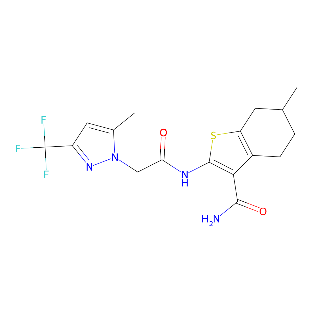 6-methyl-2-({[5-methyl-3-(trifluoromethyl)-1H-pyrazol-1-yl]acetyl}amino)-4,5,6,7-tetrahydro-1-benzothiophene-3-carboxamide molecular structure, CAS 357611-71-3
