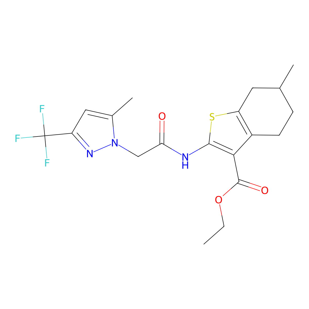 ethyl 6-methyl-2-({[5-methyl-3-(trifluoromethyl)-1H-pyrazol-1-yl]acetyl}amino)-4,5,6,7-tetrahydro-1-benzothiophene-3-carboxylate molecular structure, CAS 357611-74-6