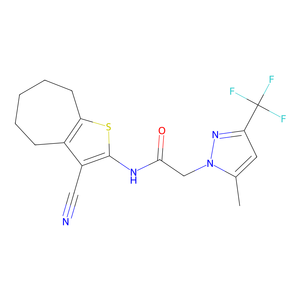 N-(3-cyano-5,6,7,8-tetrahydro-4H-cyclohepta[b]thiophen-2-yl)-2-[5-methyl-3-(trifluoromethyl)pyrazol-1-yl]acetamide molecular structure, CAS 357611-76-8