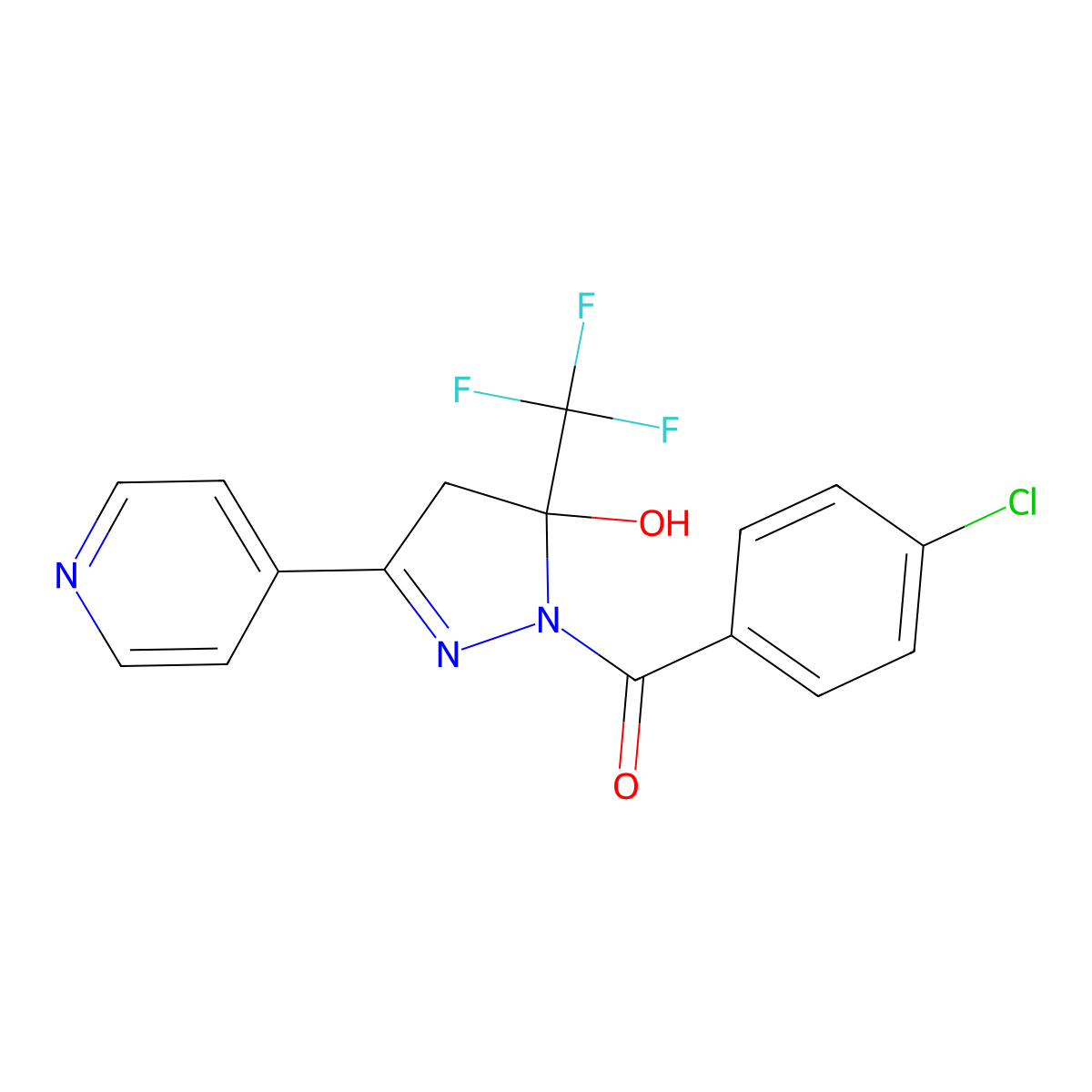 (4-chlorophenyl)-[5-hydroxy-3-pyridin-4-yl-5-(trifluoromethyl)-4H-pyrazol-1-yl]methanone molecular structure, CAS 357651-56-0