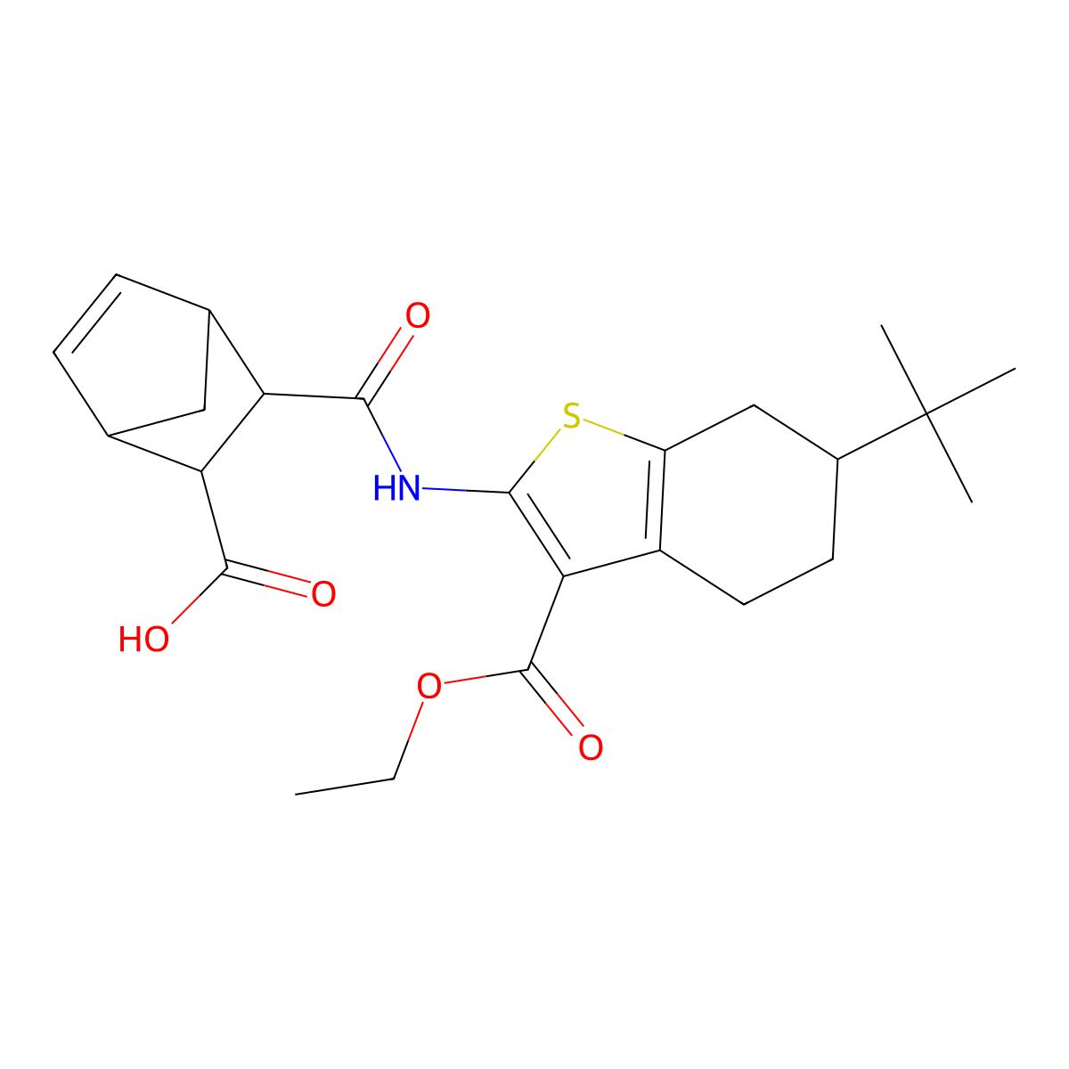 3-{[6-Tert-butyl-3-(ethoxycarbonyl)-4,5,6,7-tetrahydro-1-benzothiophen-2-yl]carbamoyl}bicyclo[2.2.1]hept-5-ene-2-carboxylic acid molecular structure, CAS 357932-83-3