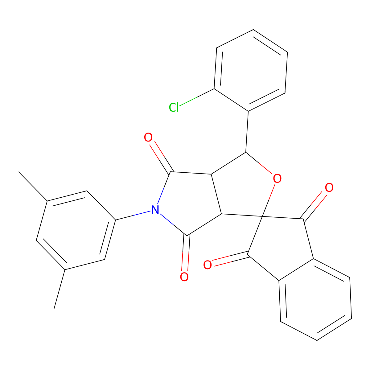 1-(2-chlorophenyl)-5-(3,5-dimethylphenyl)spiro[3a,6a-dihydro-1H-furo[3,4-c]pyrrole-3,2'-indene]-1',3',4,6-tetrone molecular structure, CAS 357932-96-8