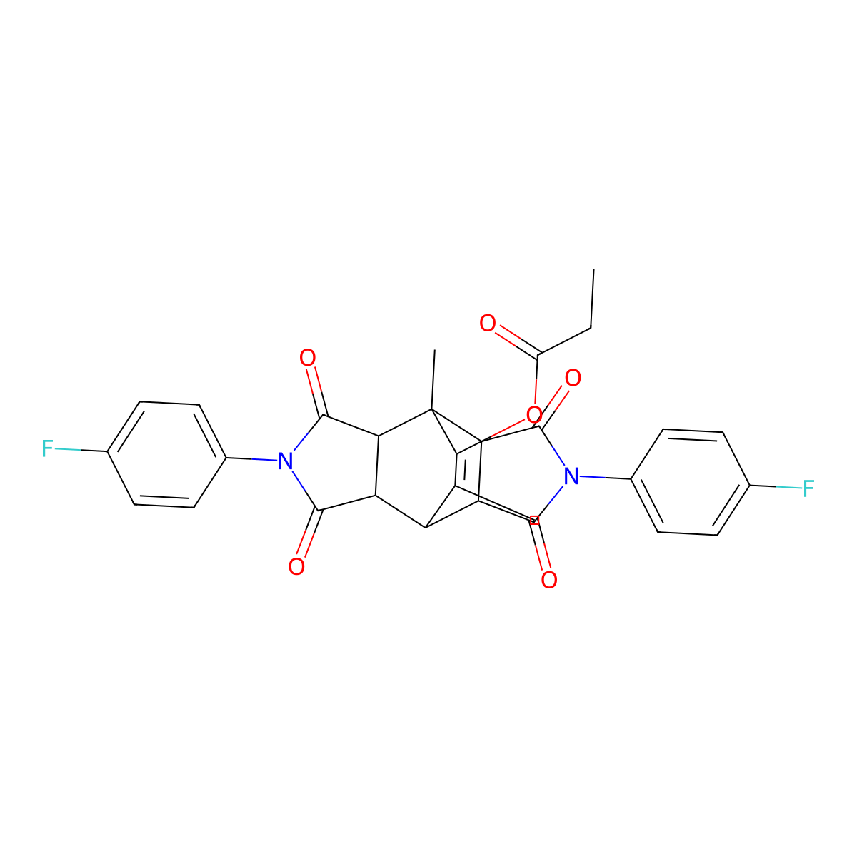 2,6-Bis(4-fluorophenyl)-8,10-dimethyl-1,3,5,7-tetraoxododecahydro-4,8-ethenopyrrolo[3,4-f]isoindol-9-yl propanoate molecular structure, CAS 357933-05-2