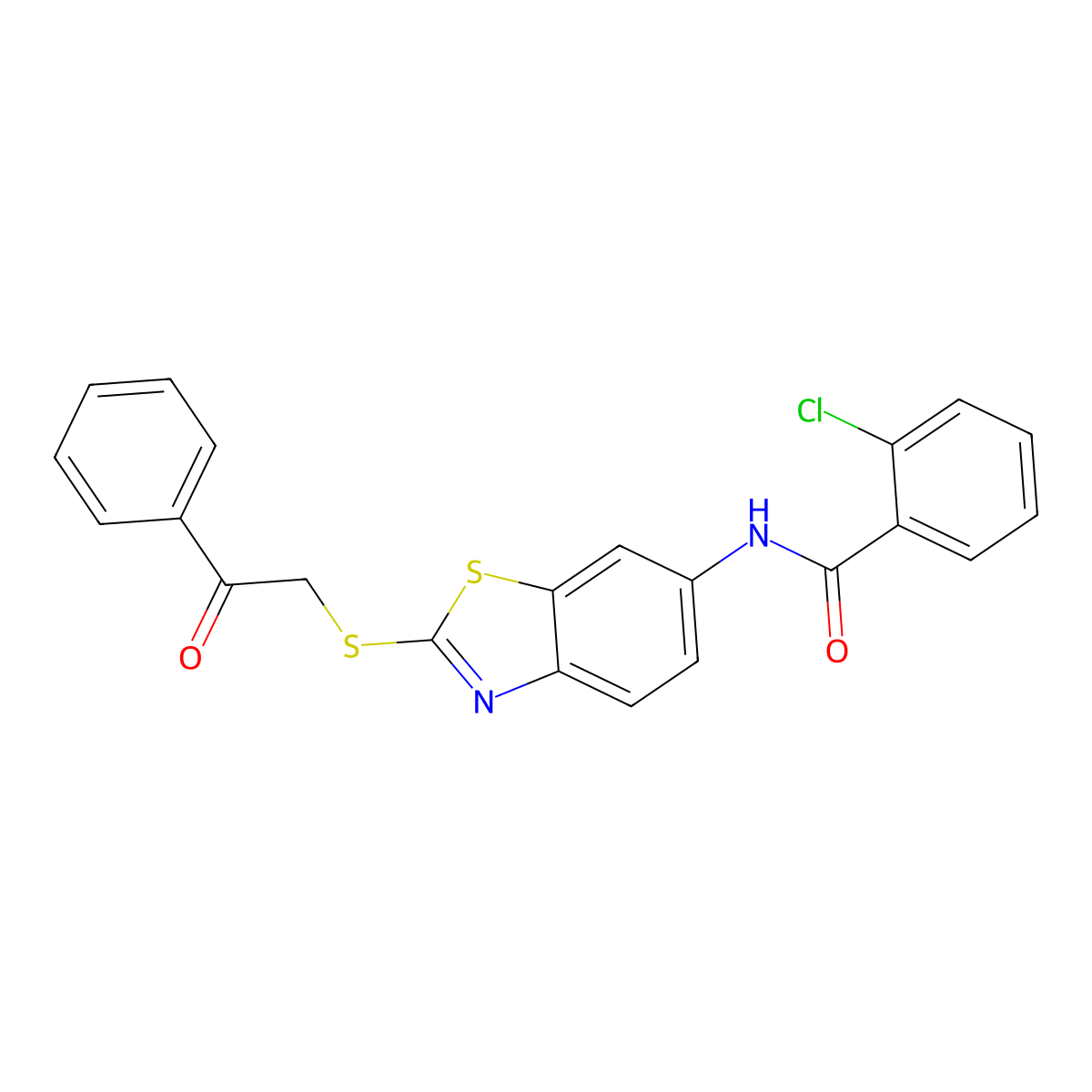 2-chloro-N-(2-phenacylsulfanyl-1,3-benzothiazol-6-yl)benzamide molecular structure, CAS 358634-50-1