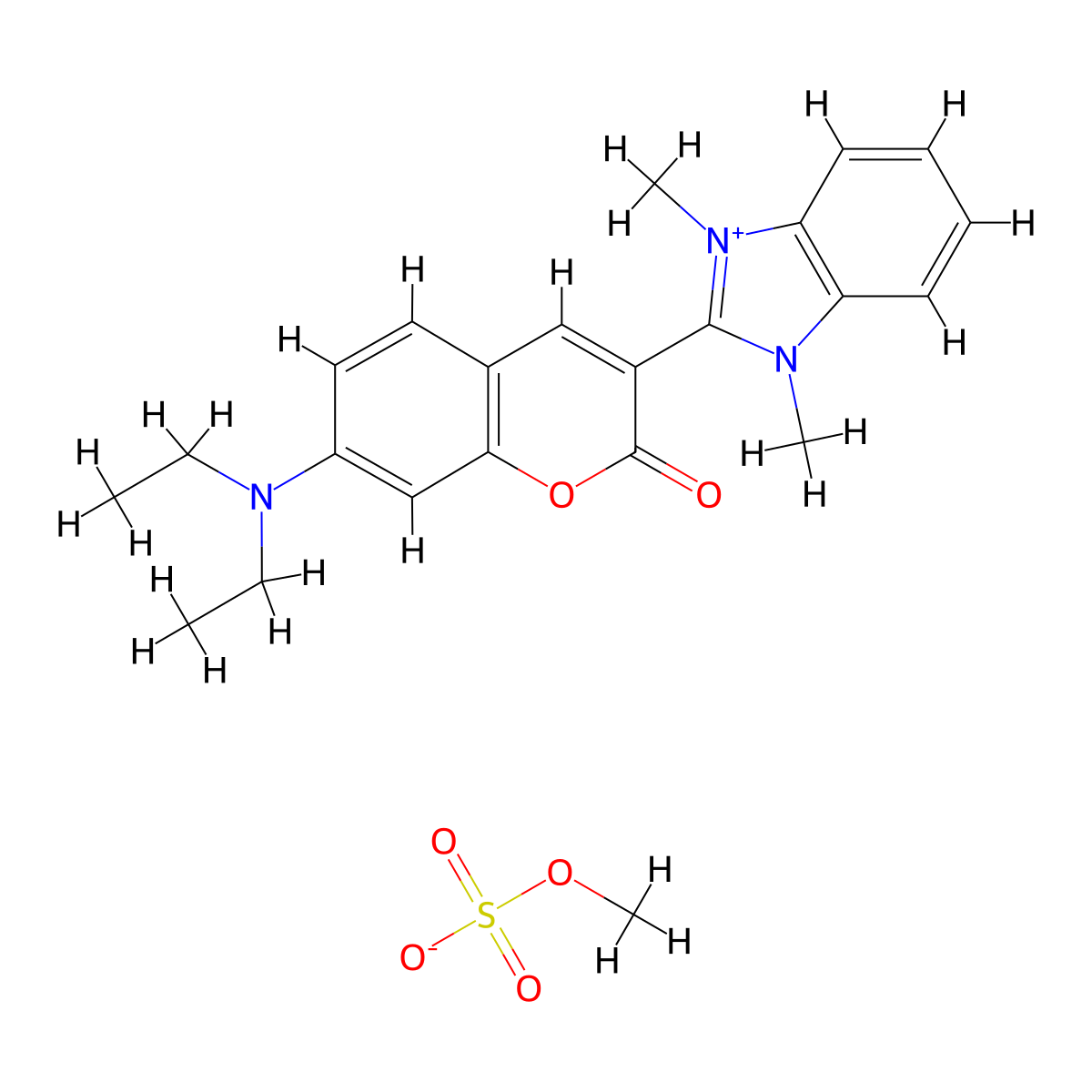 1H-Benzimidazolium, 2-(7-(diethylamino)-2-oxo-2H-1-benzopyran-3-yl)-1,3-dimethyl-, methyl sulfate (1:1) molecular structure, CAS 35869-60-4