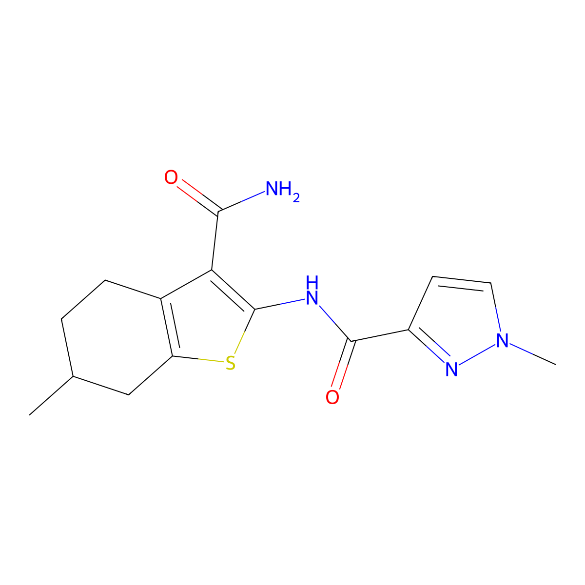 N-(3-carbamoyl-6-methyl-4,5,6,7-tetrahydro-1-benzothiophen-2-yl)-1-methylpyrazole-3-carboxamide molecular structure, CAS 358731-86-9