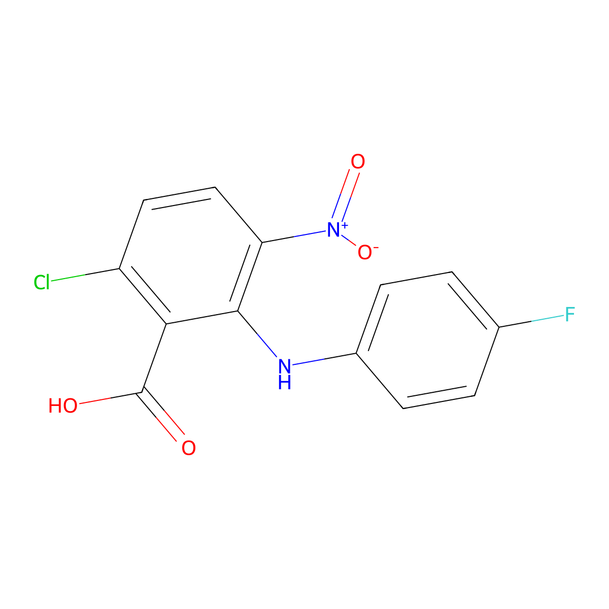 6-Chloro-2-[(4-fluorophenyl)amino]-3-nitrobenzoic acid molecular structure, CAS 359630-76-5