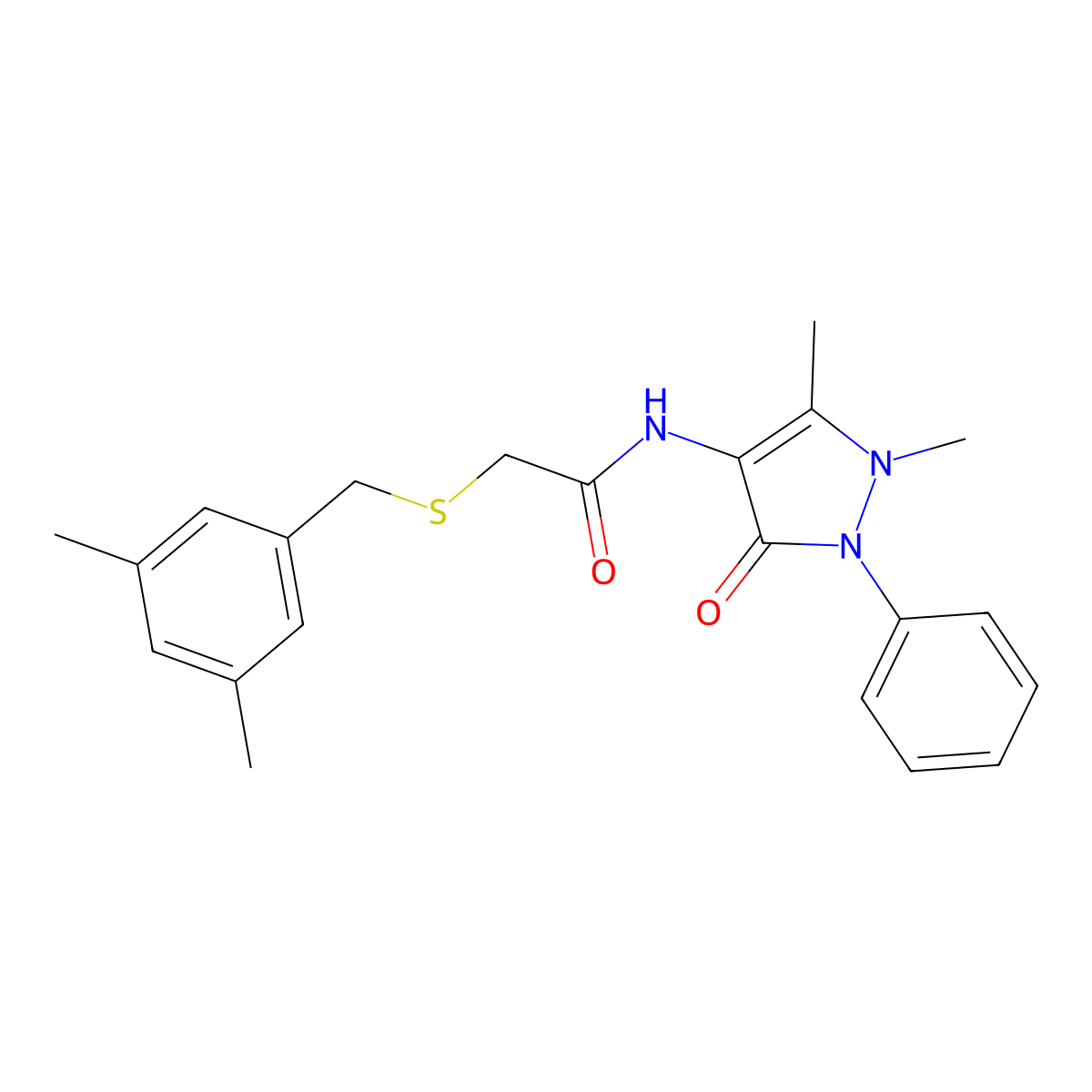 N-(1,5-dimethyl-3-oxo-2-phenylpyrazol-4-yl)-2-[(3,5-dimethylphenyl)methylsulfanyl]acetamide molecular structure, CAS 359639-19-3