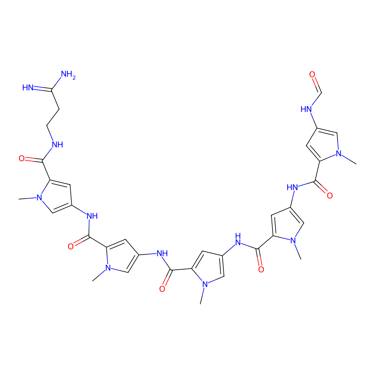 (5-((5-((5-((5-((5-((3-Amino-3-iminopropyl)carbamoyl)-1-methyl-1H-pyrrol-3-yl)carbamoyl)-1-methyl-1H-pyrrol-3-yl)carbamoyl)-1-methyl-1H-pyrrol-3-yl)carbamoyl)-1-methyl-1H-pyrrol-3-yl)carbamoyl)-1-methyl-1H-pyrrol-3-yl)methanimidic acid molecular structure, CAS 35967-49-8