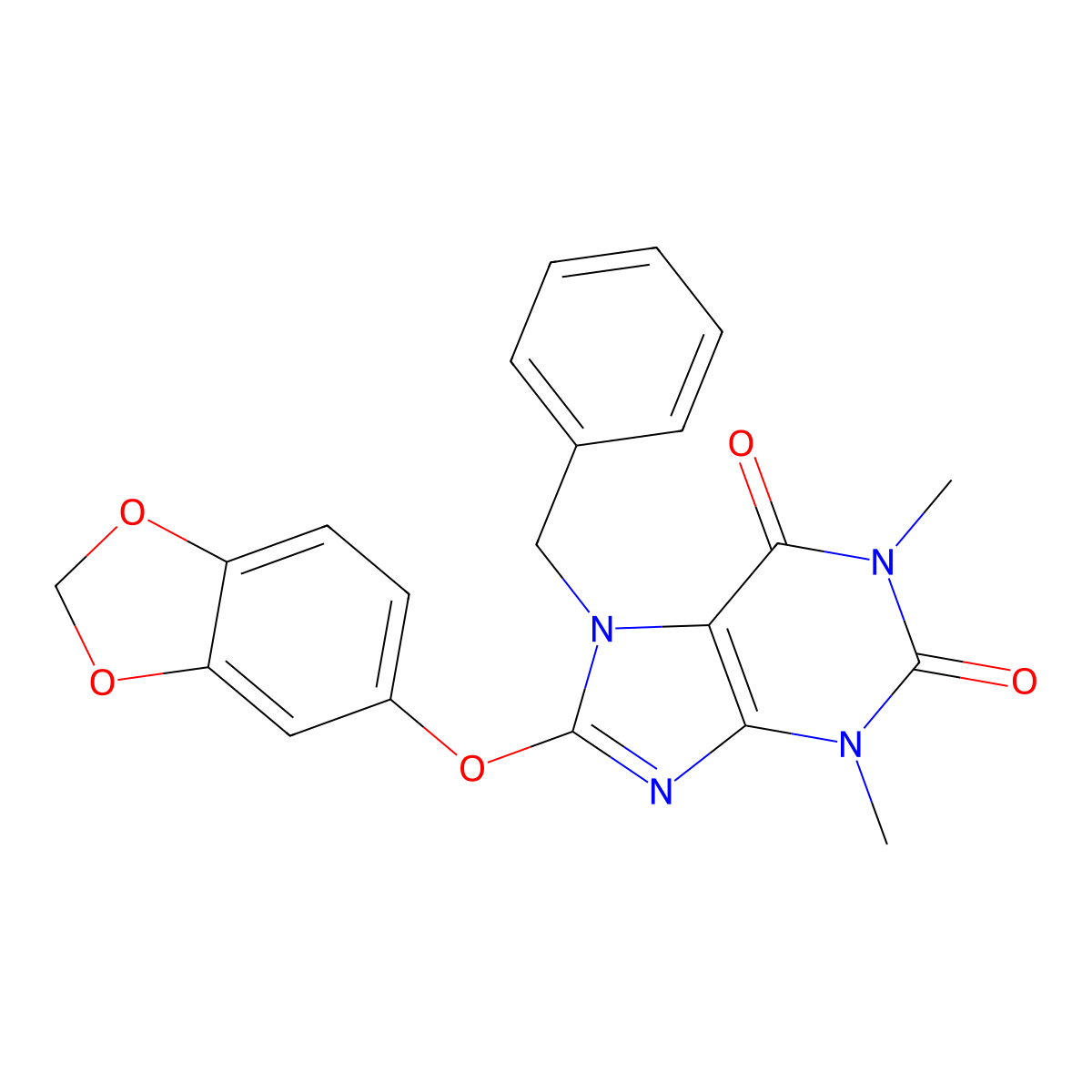 8-(1,3-benzodioxol-5-yloxy)-7-benzyl-1,3-dimethyl-3,7-dihydro-1H-purine-2,6-dione molecular structure, CAS 359684-71-2