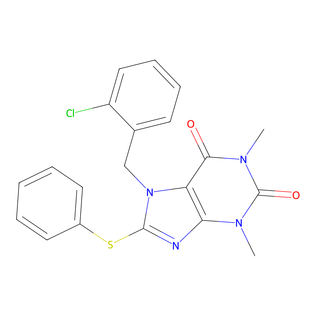 7-[(2-Chlorophenyl)methyl]-1,3-dimethyl-8-phenylsulfanylpurine-2,6-dione molecular structure, CAS 359692-57-2