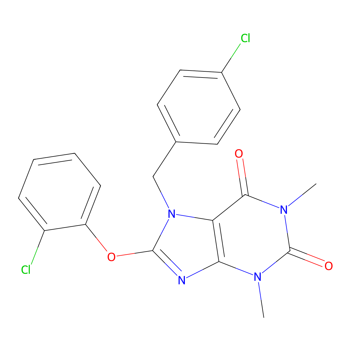 8-(2-Chlorophenoxy)-7-[(4-chlorophenyl)methyl]-1,3-dimethylpurine-2,6-dione molecular structure, CAS 359693-92-8