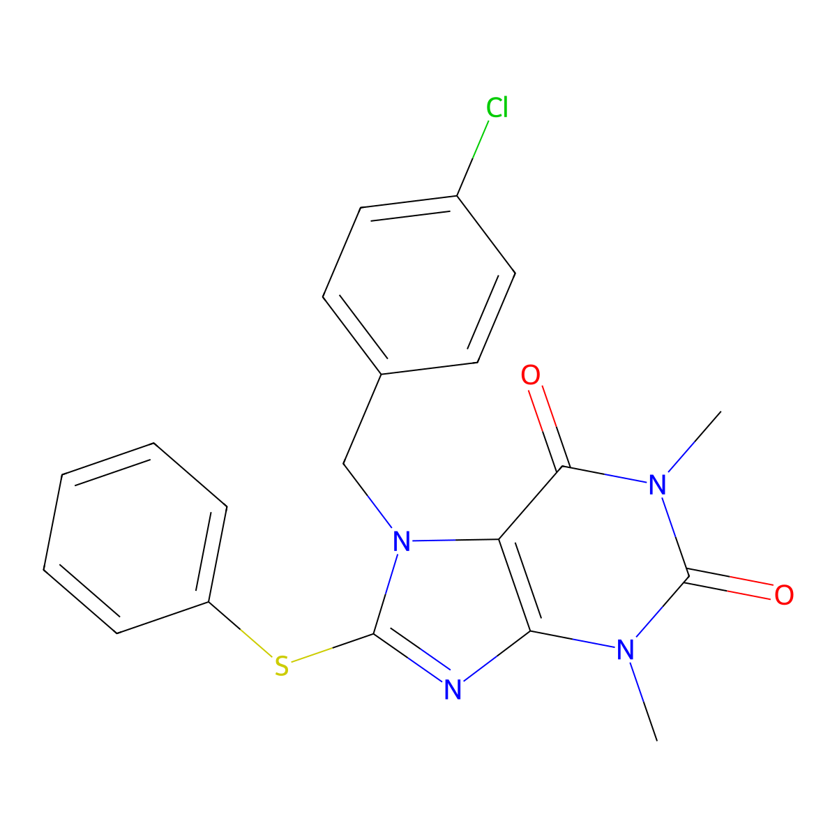 7-(4-chlorobenzyl)-1,3-dimethyl-8-(phenylthio)-1H-purine-2,6(3H,7H)-dione molecular structure, CAS 359694-28-3