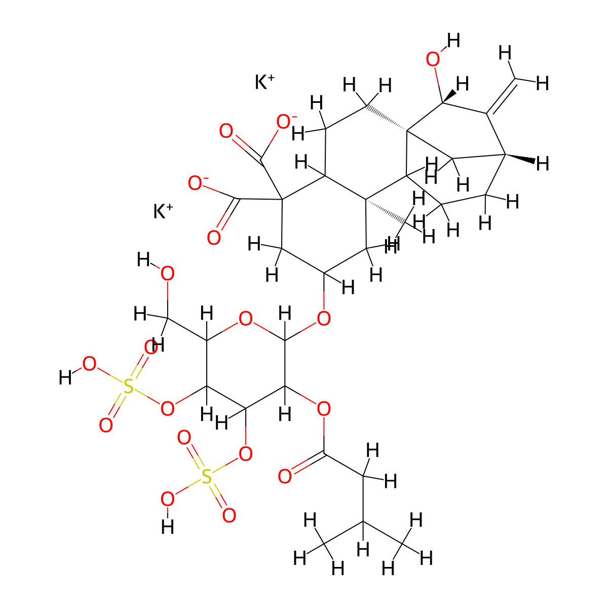 dipotassium;(1S,9R,13R,15R)-15-hydroxy-7-[6-(hydroxymethyl)-3-(3-methylbutanoyloxy)-4,5-disulfooxyoxan-2-yl]oxy-9-methyl-14-methylidenetetracyclo[11.2.1.01,10.04,9]hexadecane-5,5-dicarboxylate molecular structure, CAS 35988-26-2