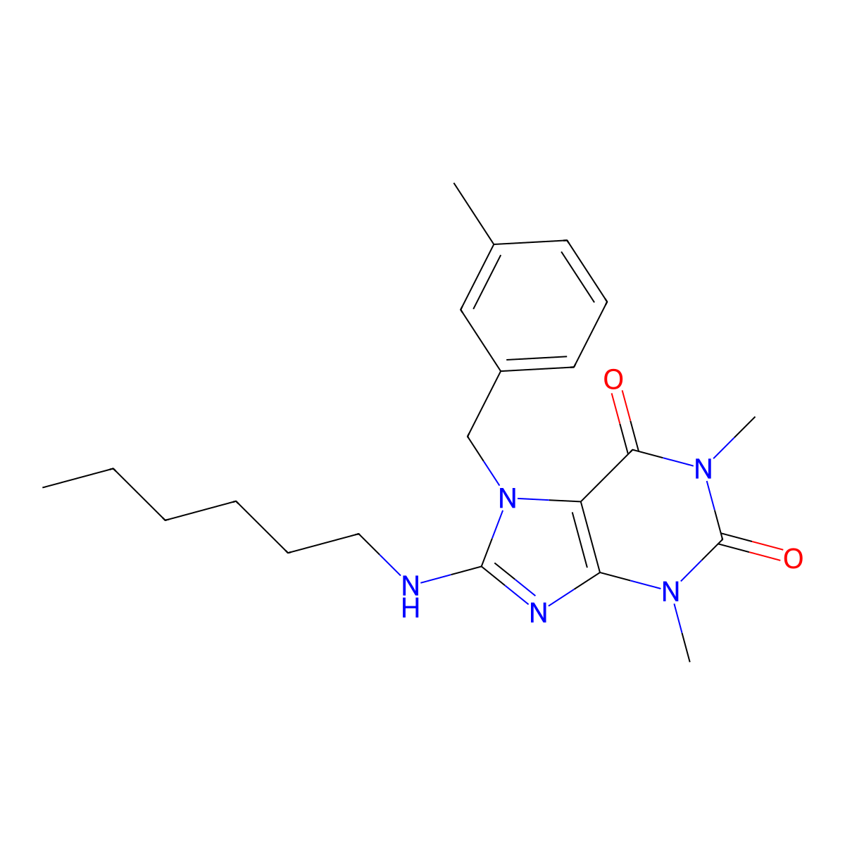 8-(Hexylamino)-1,3-dimethyl-7-(3-methylbenzyl)-3,7-dihydro-1H-purine-2,6-dione molecular structure, CAS 359901-50-1
