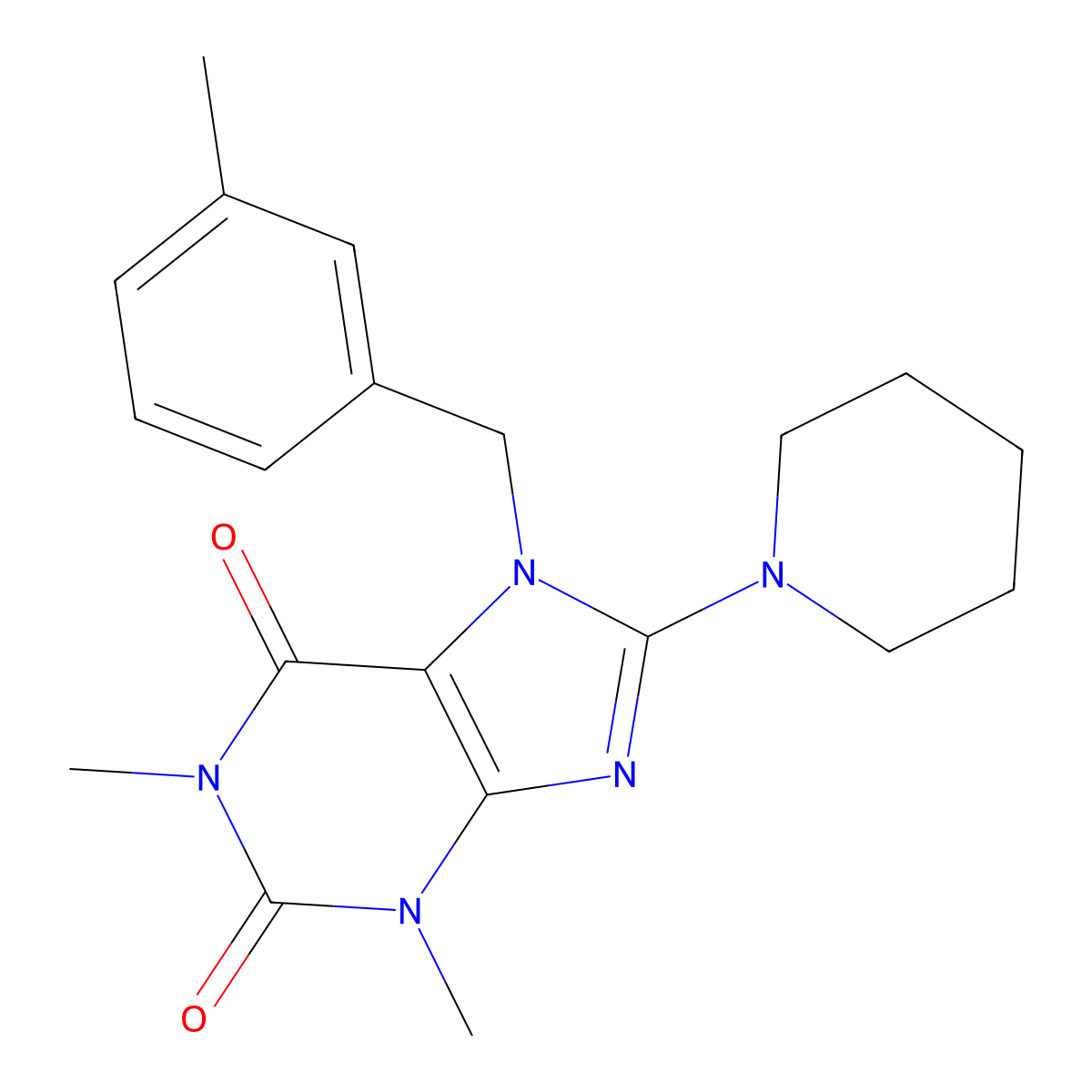 1,3-dimethyl-7-(3-methylbenzyl)-8-(piperidin-1-yl)-1H-purine-2,6(3H,7H)-dione molecular structure, CAS 359901-55-6