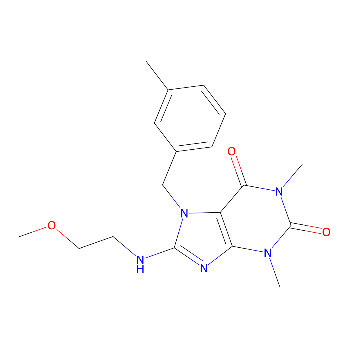 8-(2-Methoxy-ethylamino)-1,3-dimethyl-7-(3-methyl-benzyl)-3,7-dihydro-purine-2,6-dione molecular structure, CAS 359901-73-8